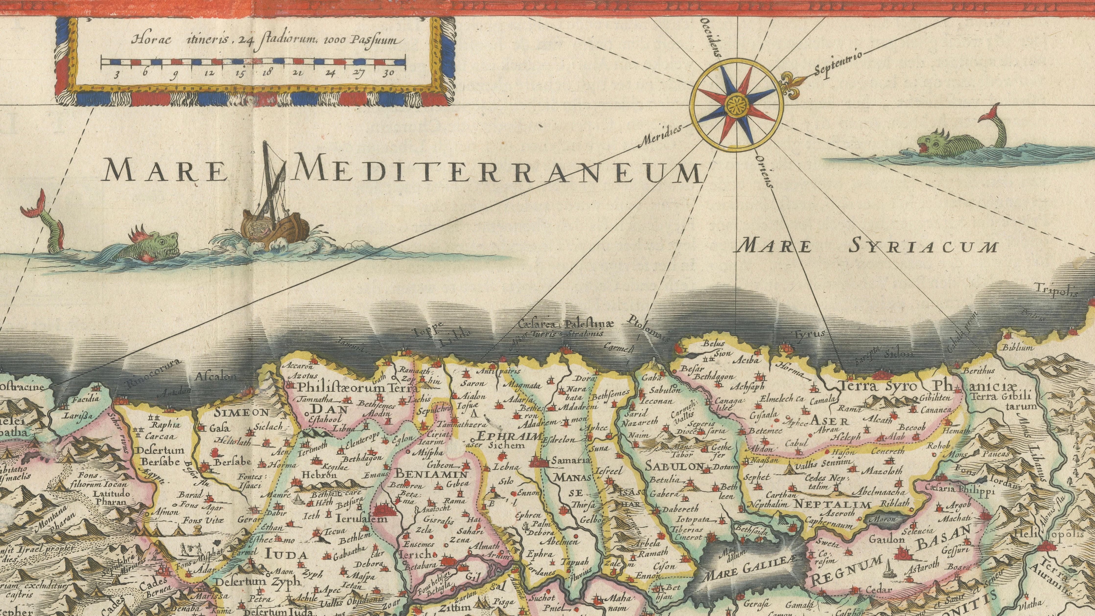 Blaeu Holy Land Map, Terra Sancta Palestina, Figural Cartouche, 1642