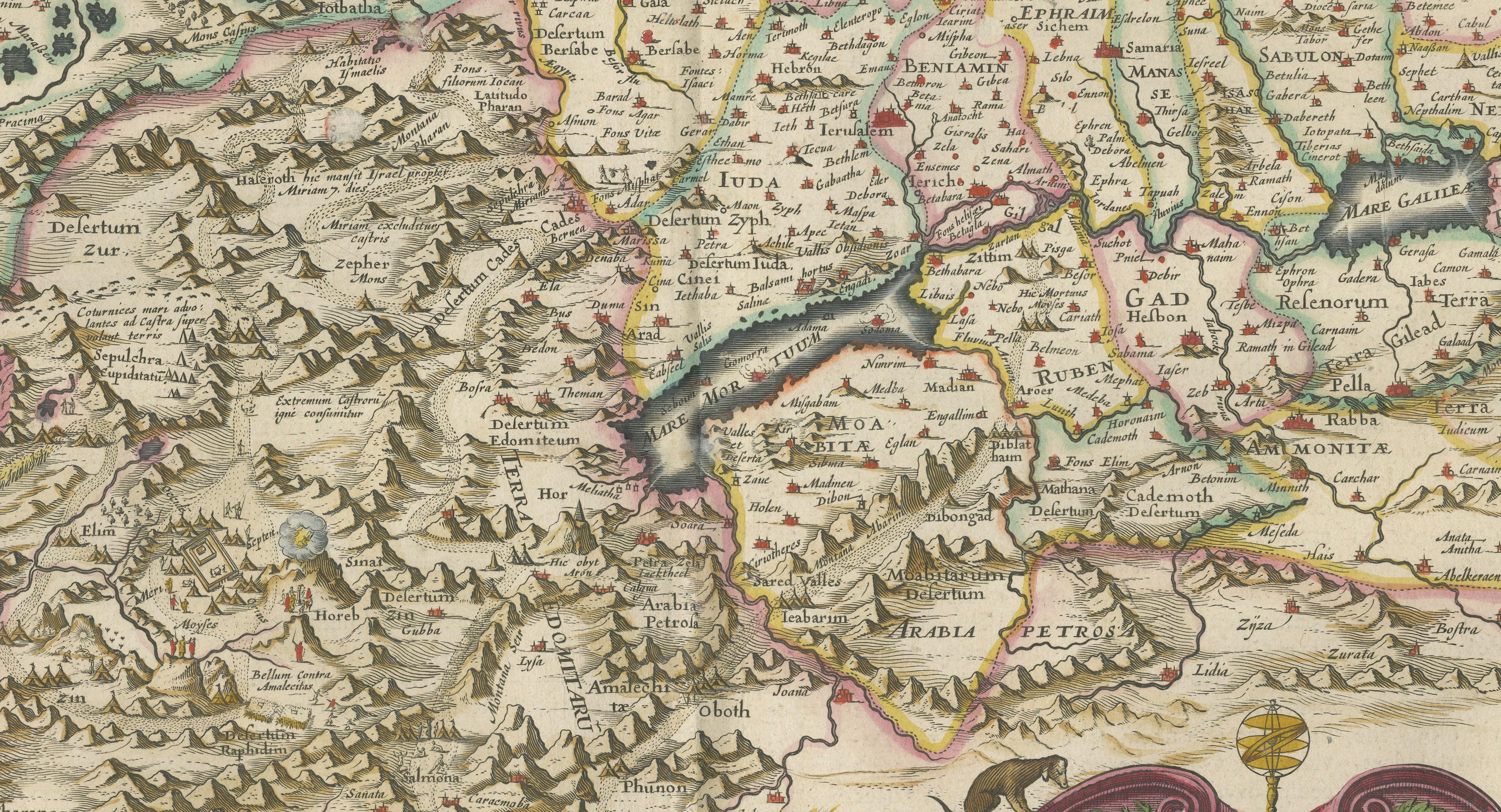 Blaeu Holy Land Map, Terra Sancta Palestina, Figural Cartouche, 1642