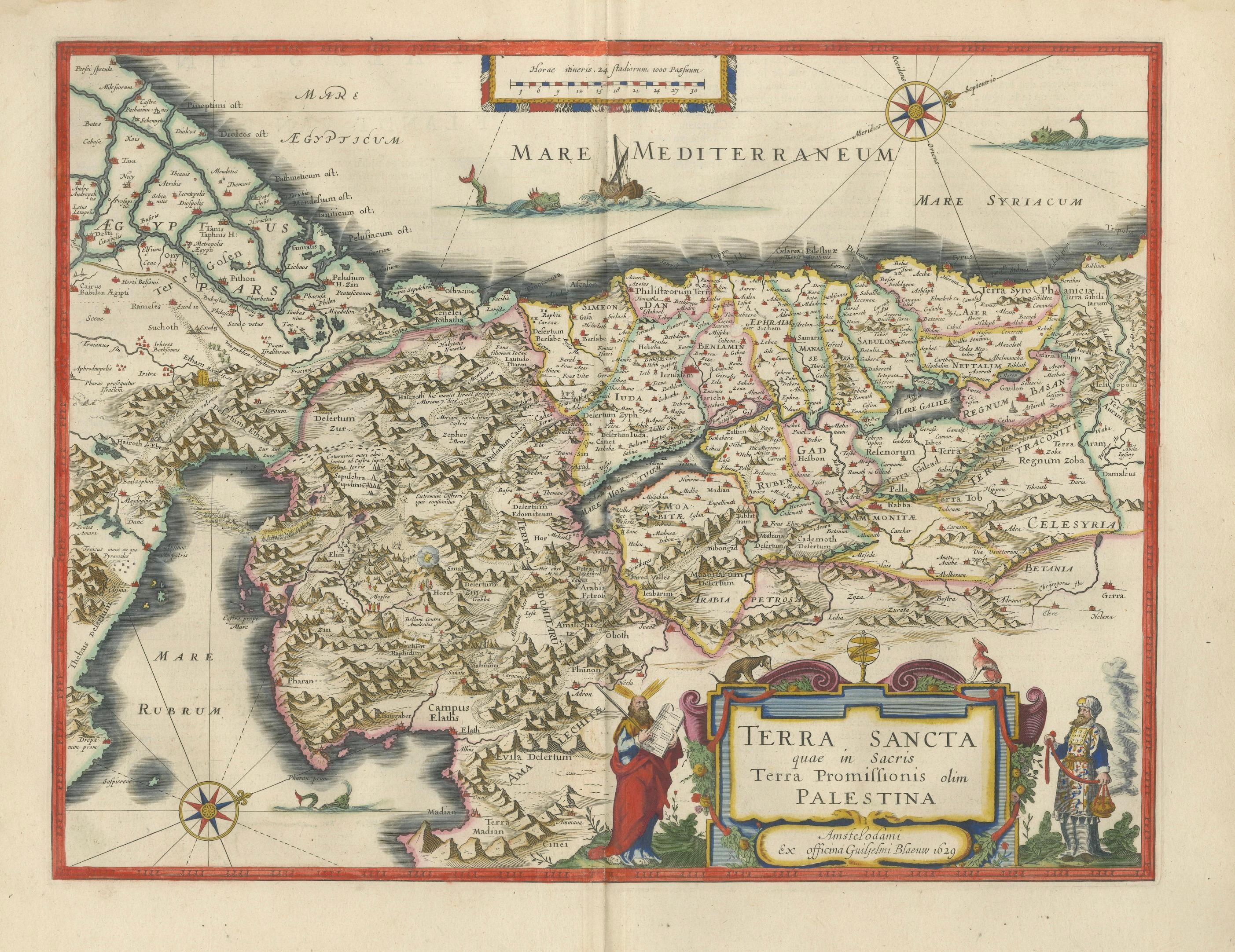 Blaeu Holy Land Map, Terra Sancta Palestina, Figural Cartouche, 1642
