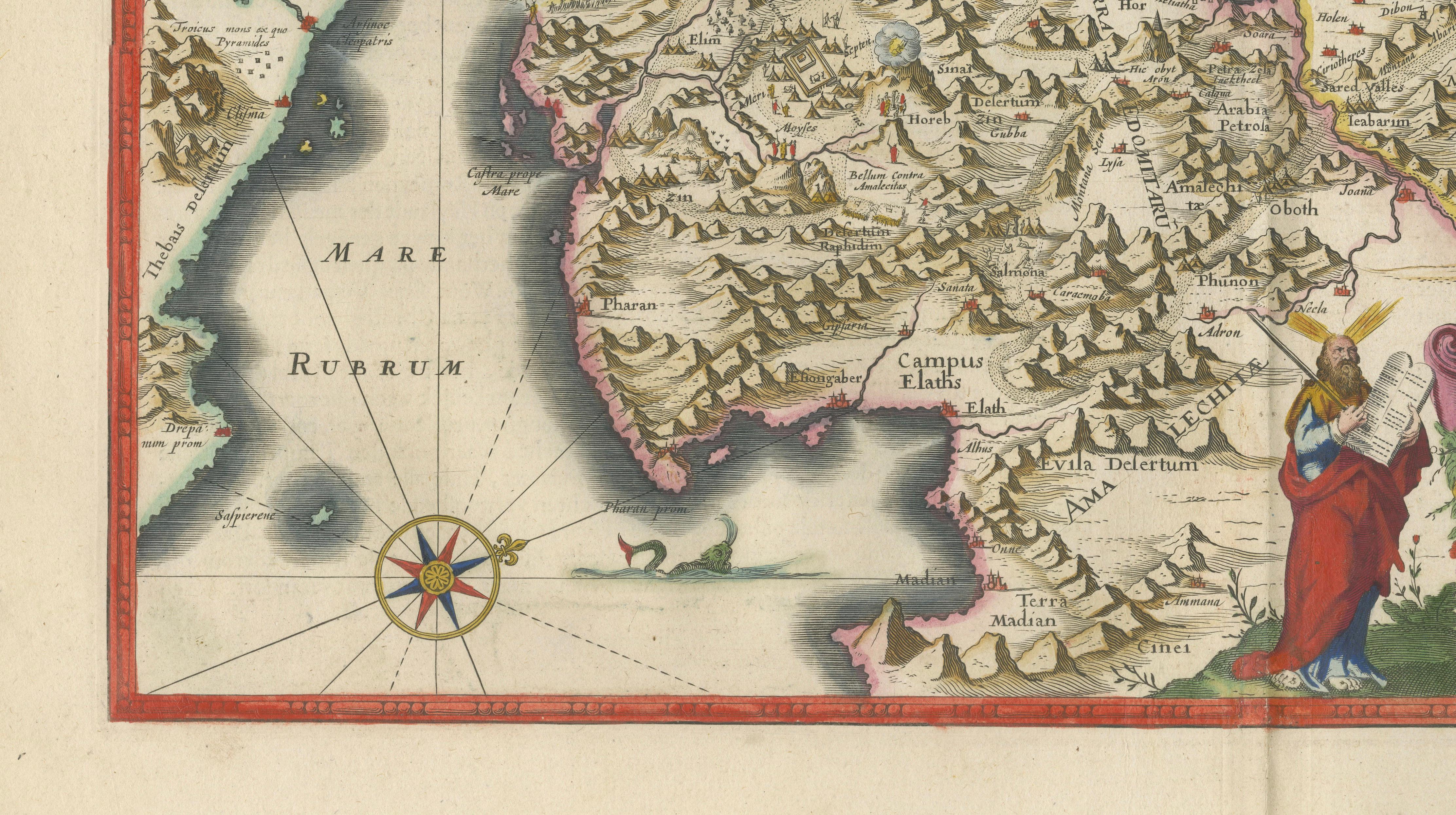 Blaeu Holy Land Map, Terra Sancta Palestina, Figural Cartouche, 1642