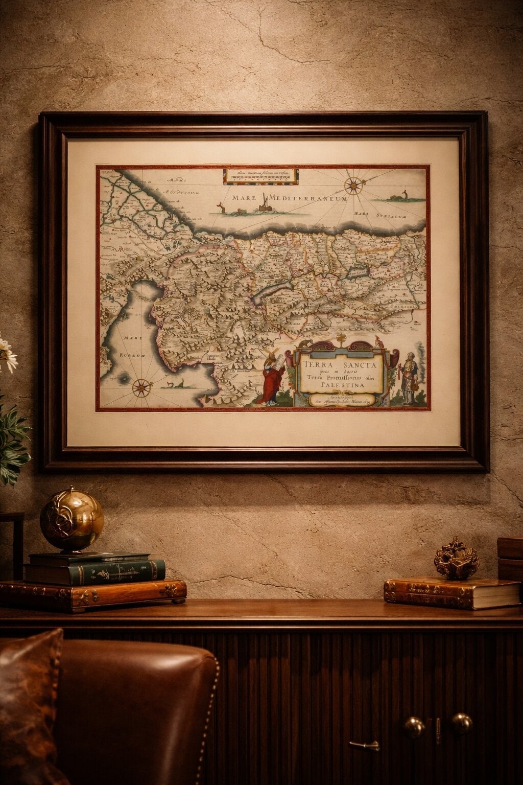Blaeu Holy Land Map, Terra Sancta Palestina, Figural Cartouche, 1642