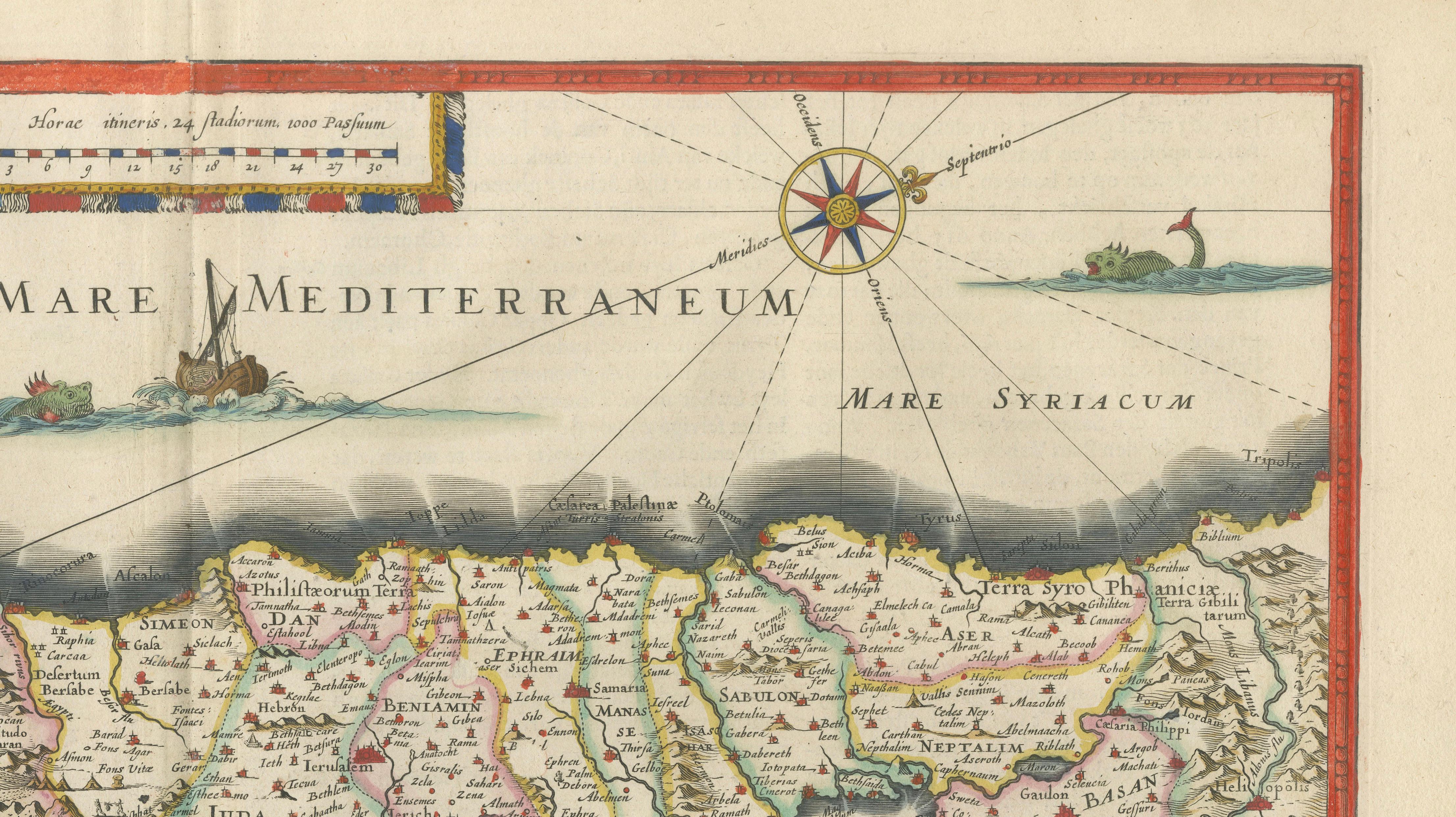 Blaeu Holy Land Map, Terra Sancta Palestina, Figural Cartouche, 1642