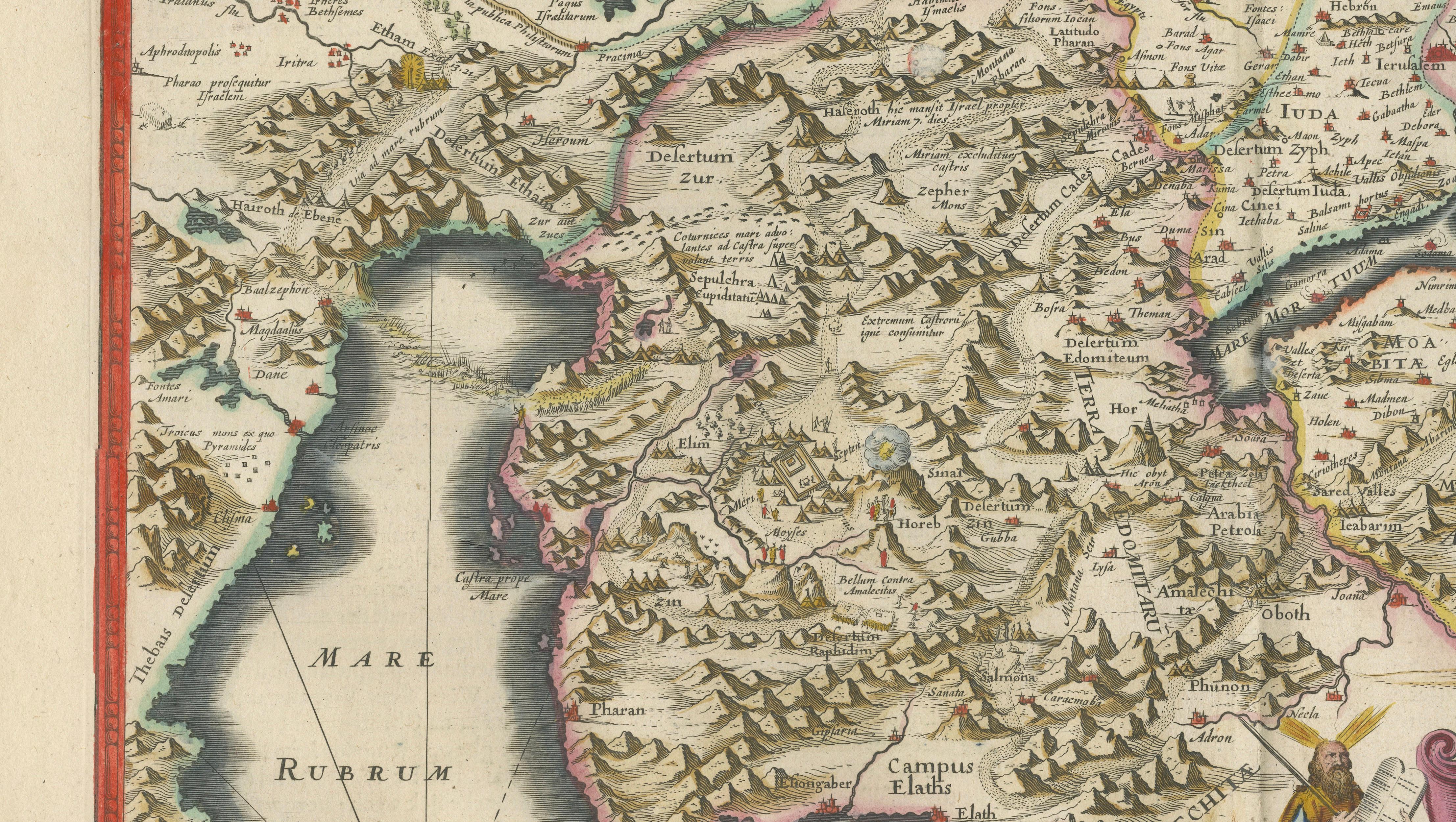 Blaeu Holy Land Map, Terra Sancta Palestina, Figural Cartouche, 1642