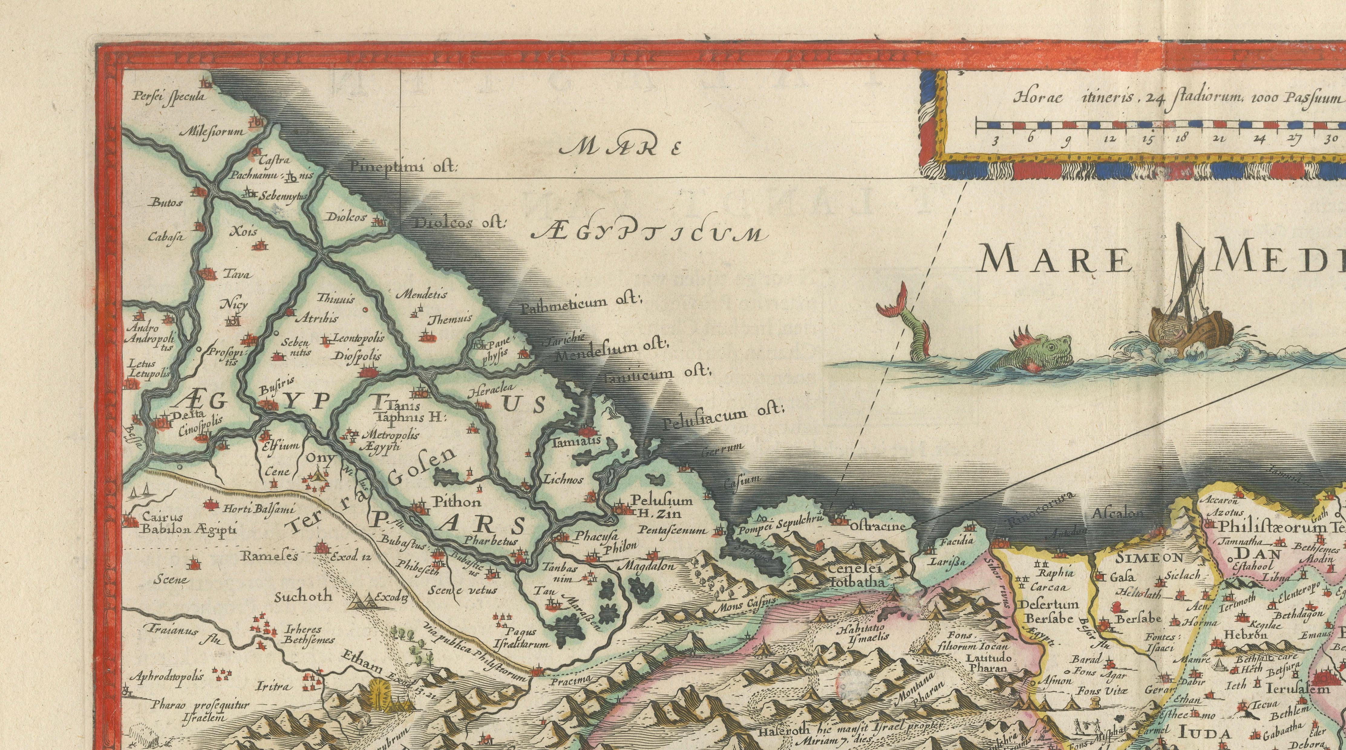 Blaeu Holy Land Map, Terra Sancta Palestina, Figural Cartouche, 1642