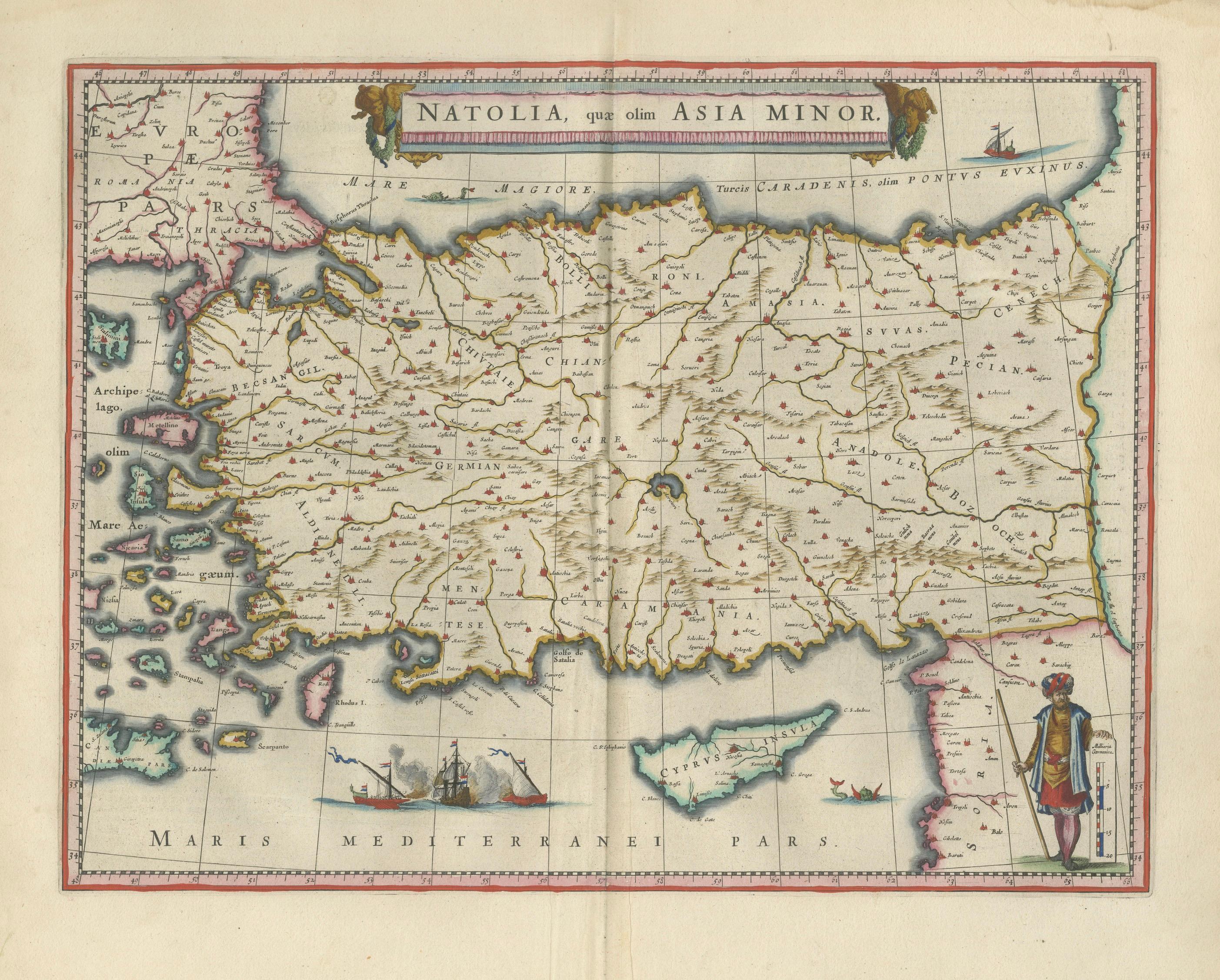 Blaeu Map of Anatolia, Asia Minor & Aegean, Ottoman Figure, c.1642