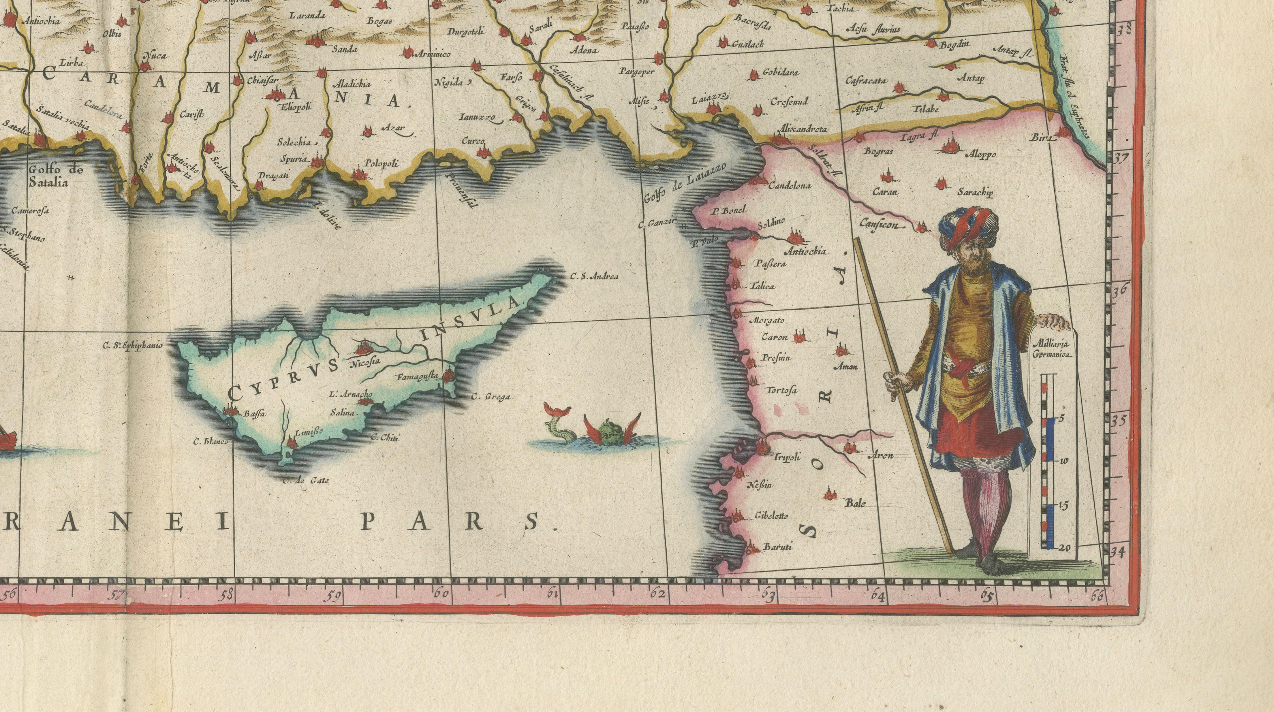 Blaeu Map of Anatolia, Asia Minor & Aegean, Ottoman Figure, c.1642