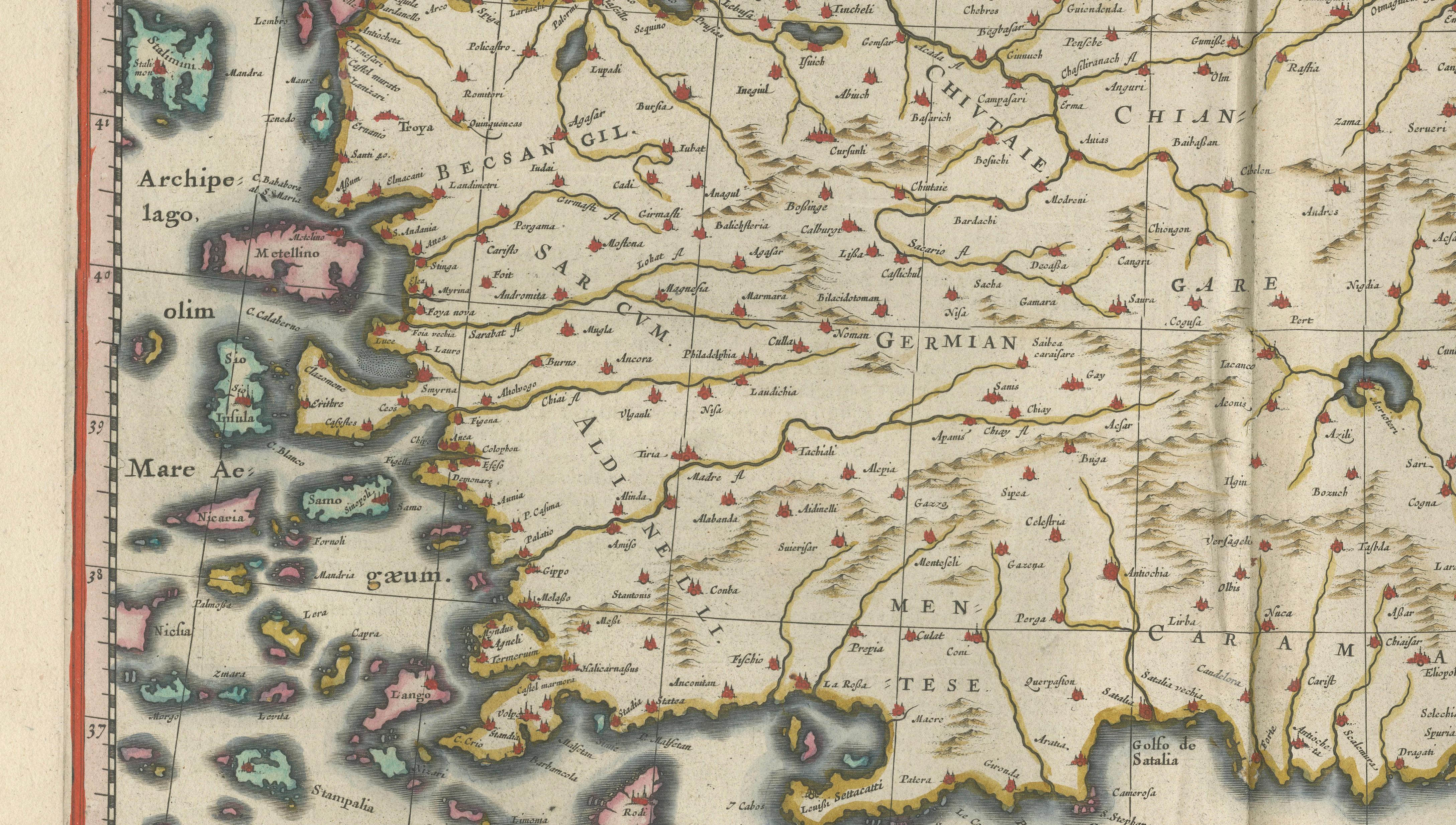 Blaeu Map of Anatolia, Asia Minor & Aegean, Ottoman Figure, c.1642