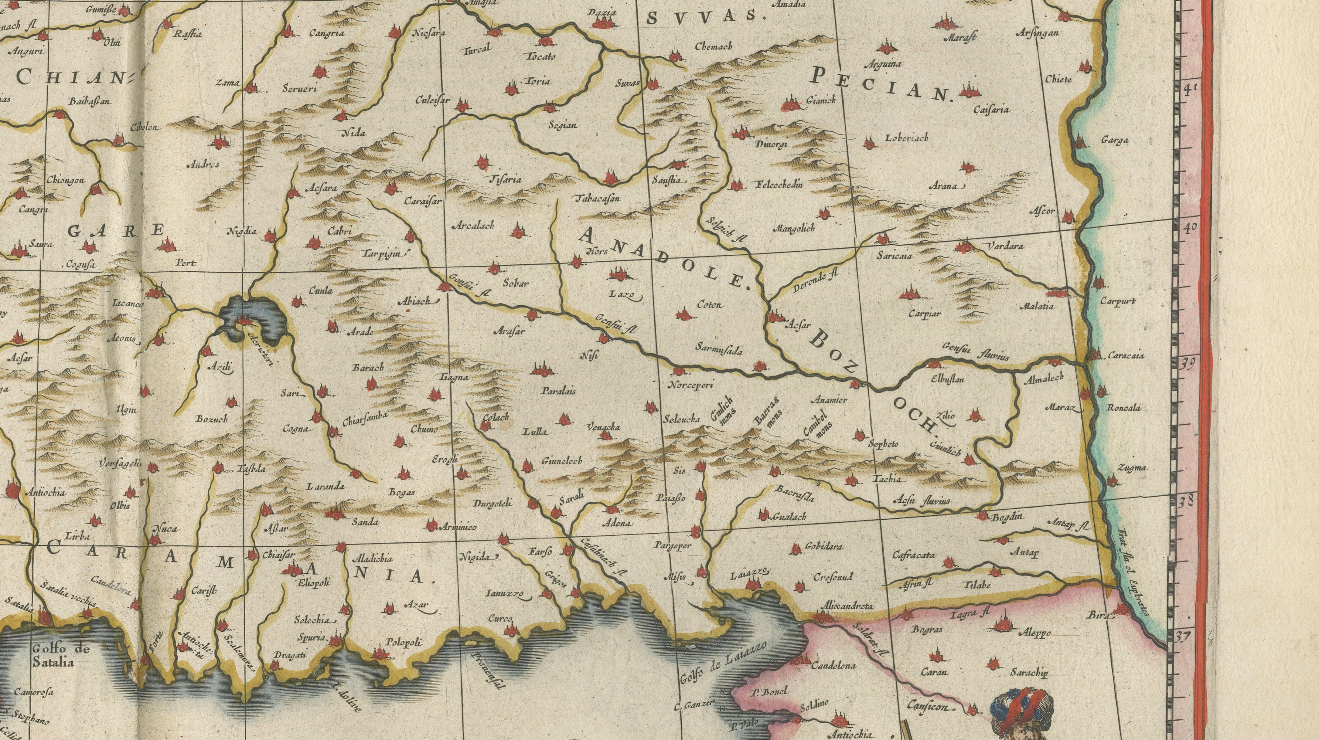 Blaeu Map of Anatolia, Asia Minor & Aegean, Ottoman Figure, c.1642