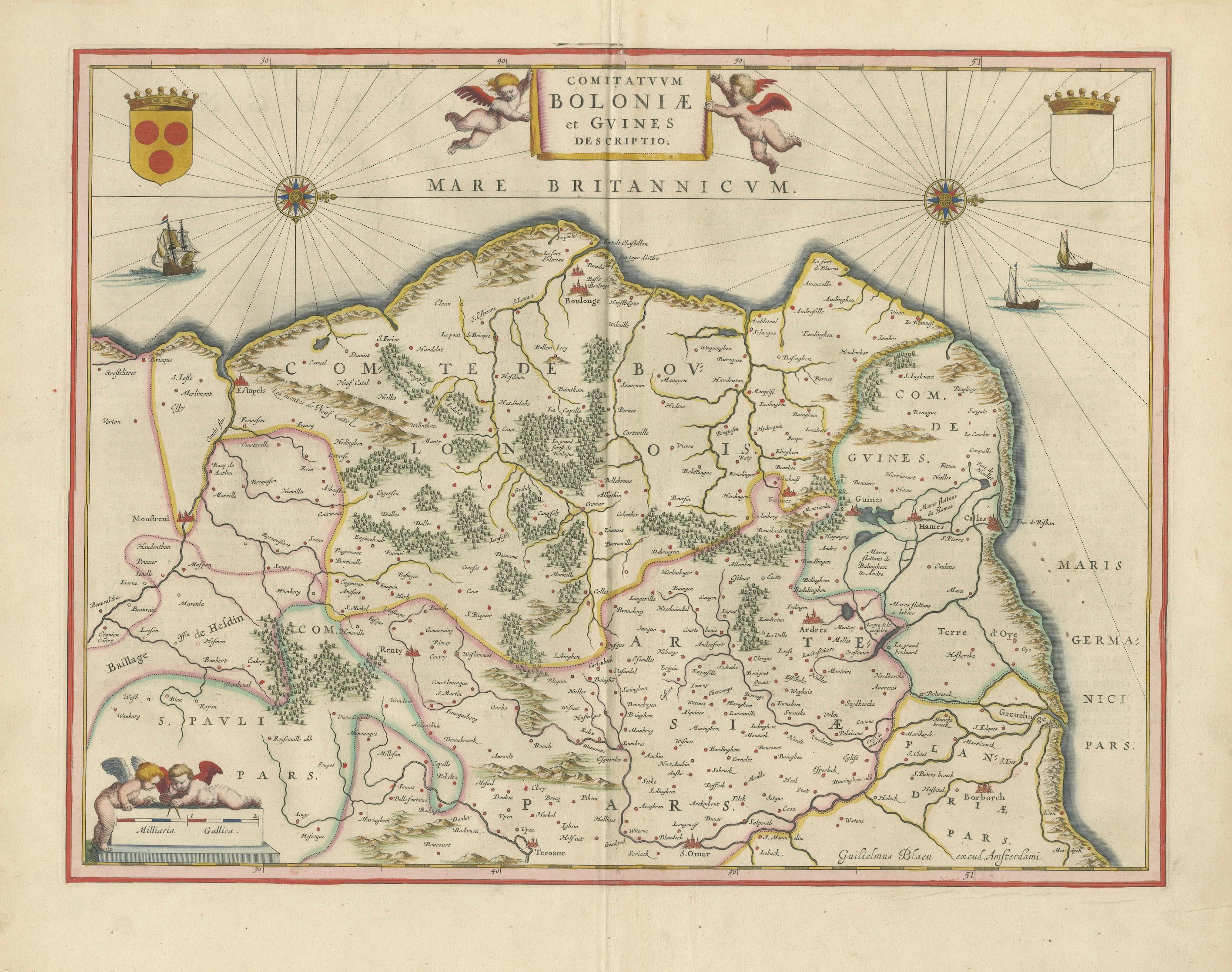 Blaeu Map of Boulogne & Calais Coast – Maritime France, Ships c.1642