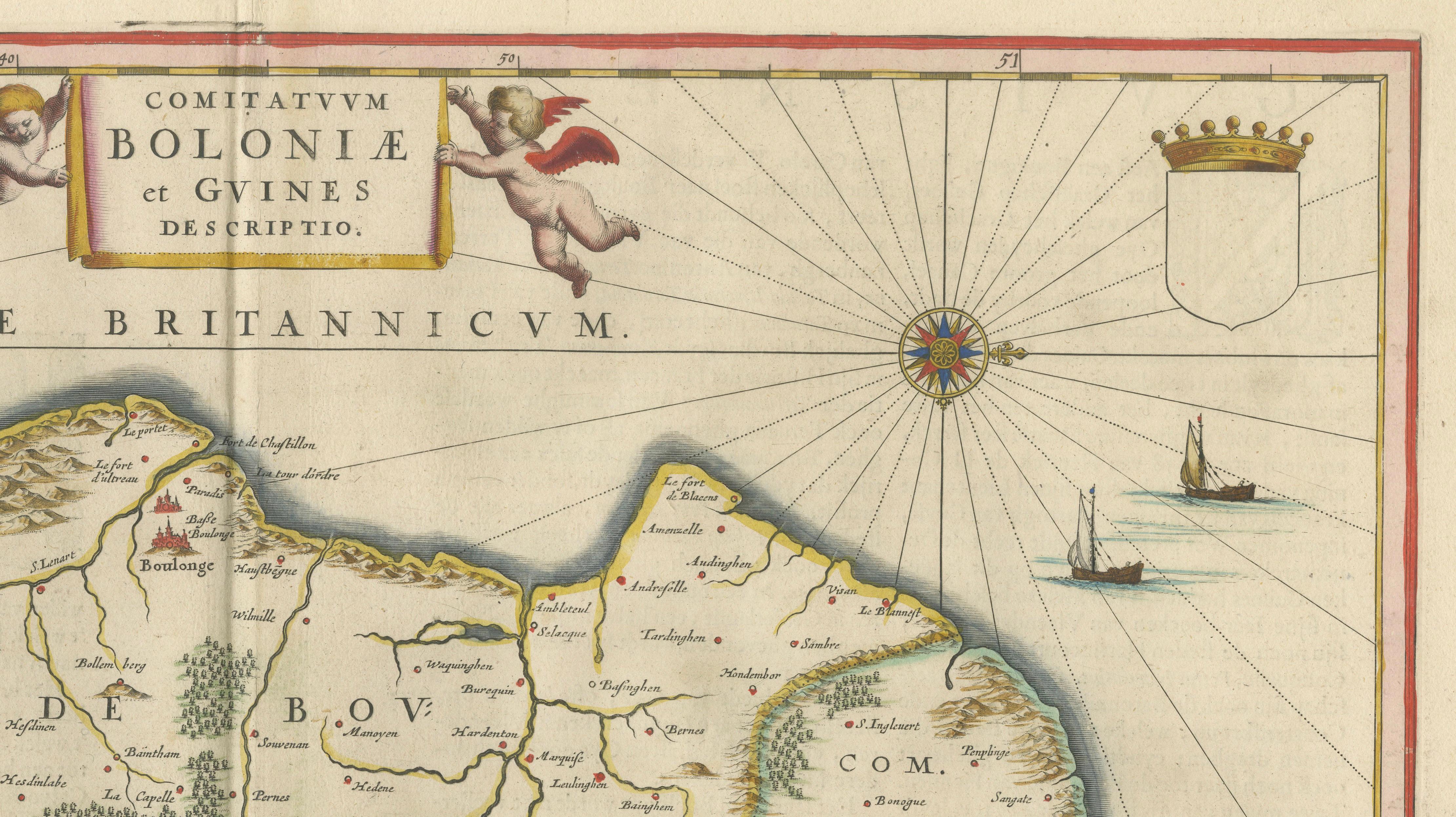 Blaeu Map of Boulogne & Calais Coast – Maritime France, Ships c.1642