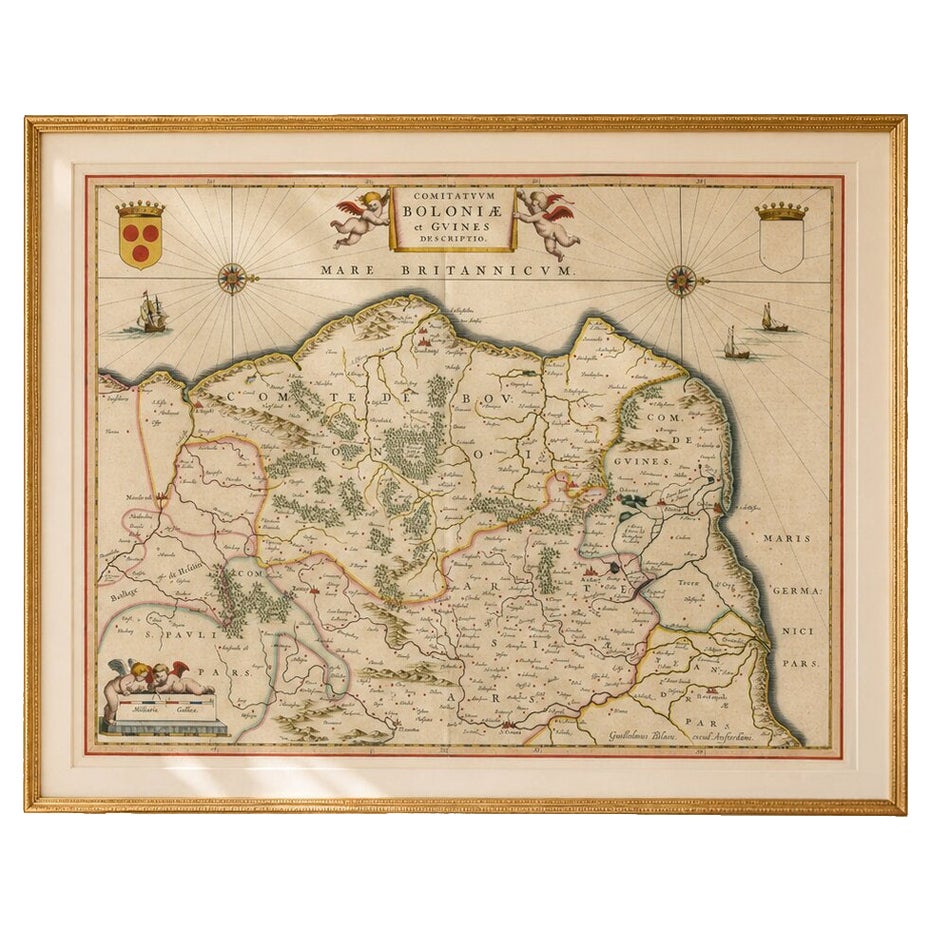 Blaeu Map of Boulogne & Calais Coast – Maritime France, Ships c.1642