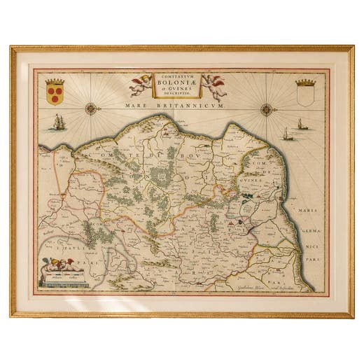 Blaeu Map of Boulogne & Calais Coast – Maritime France, Ships c.1642