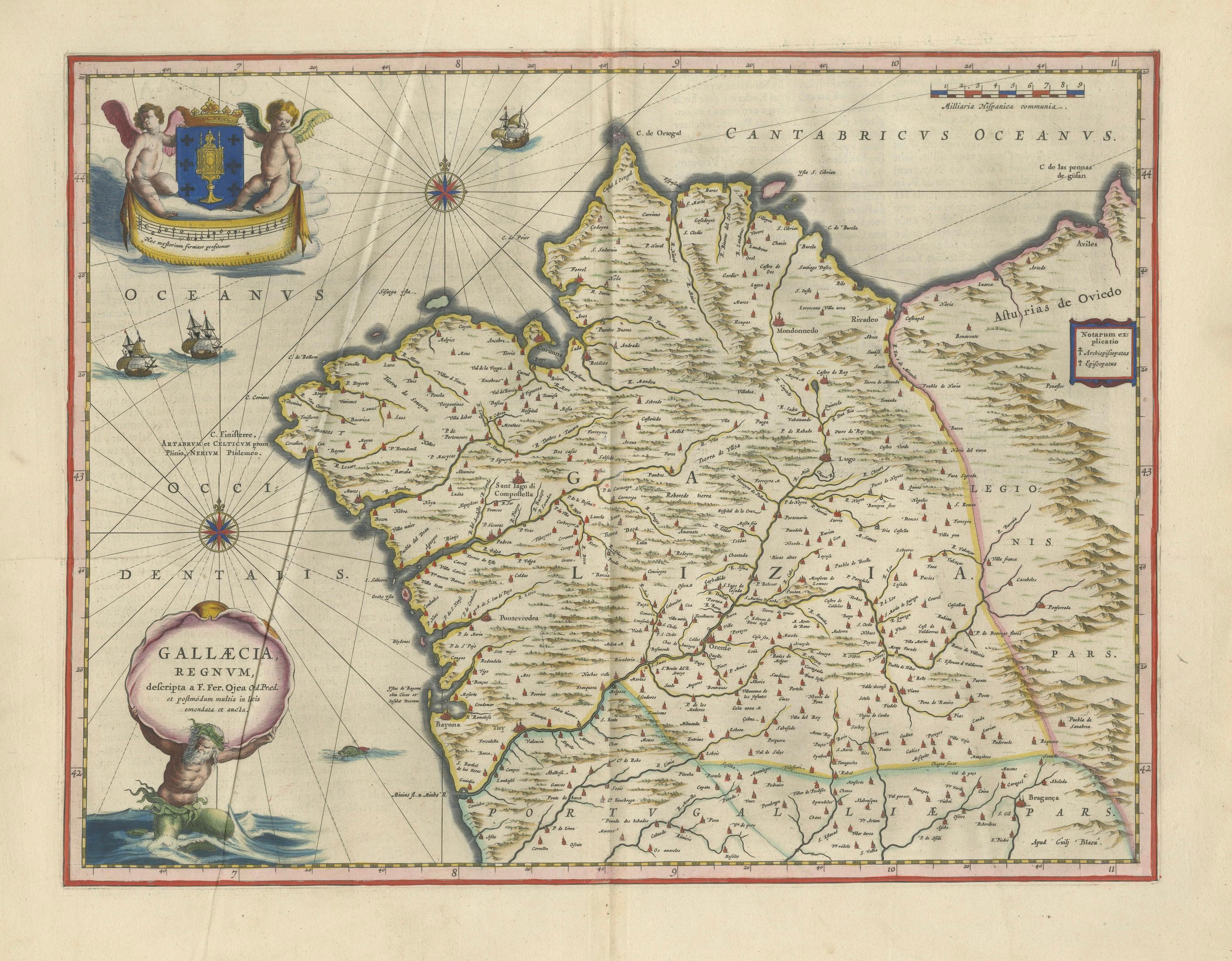 Blaeu Map of Galicia Spain, Decorative Dutch Golden Age Map, 1642