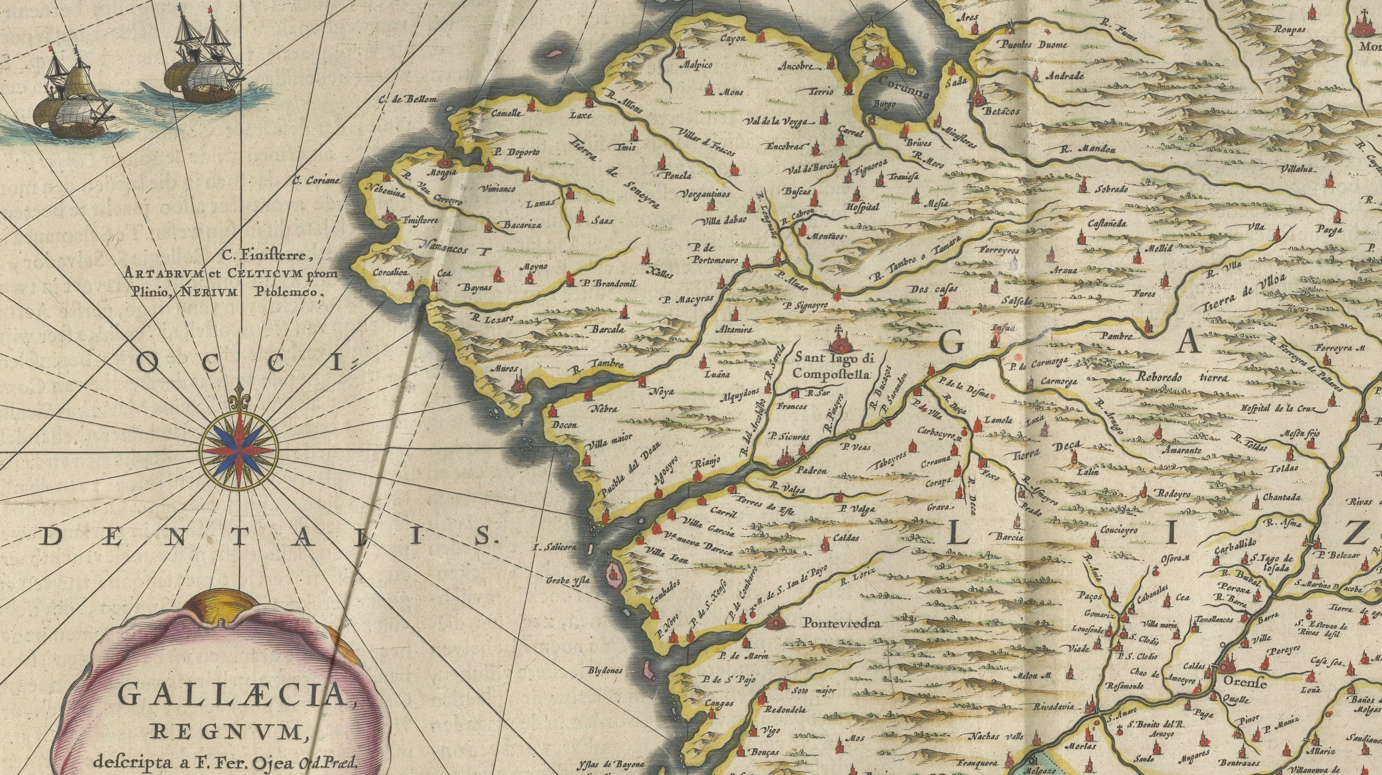 Blaeu Map of Galicia Spain, Decorative Dutch Golden Age Map, 1642