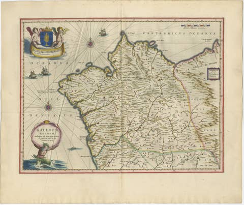 Blaeu Map of Galicia Spain, Decorative Dutch Golden Age Map, 1642