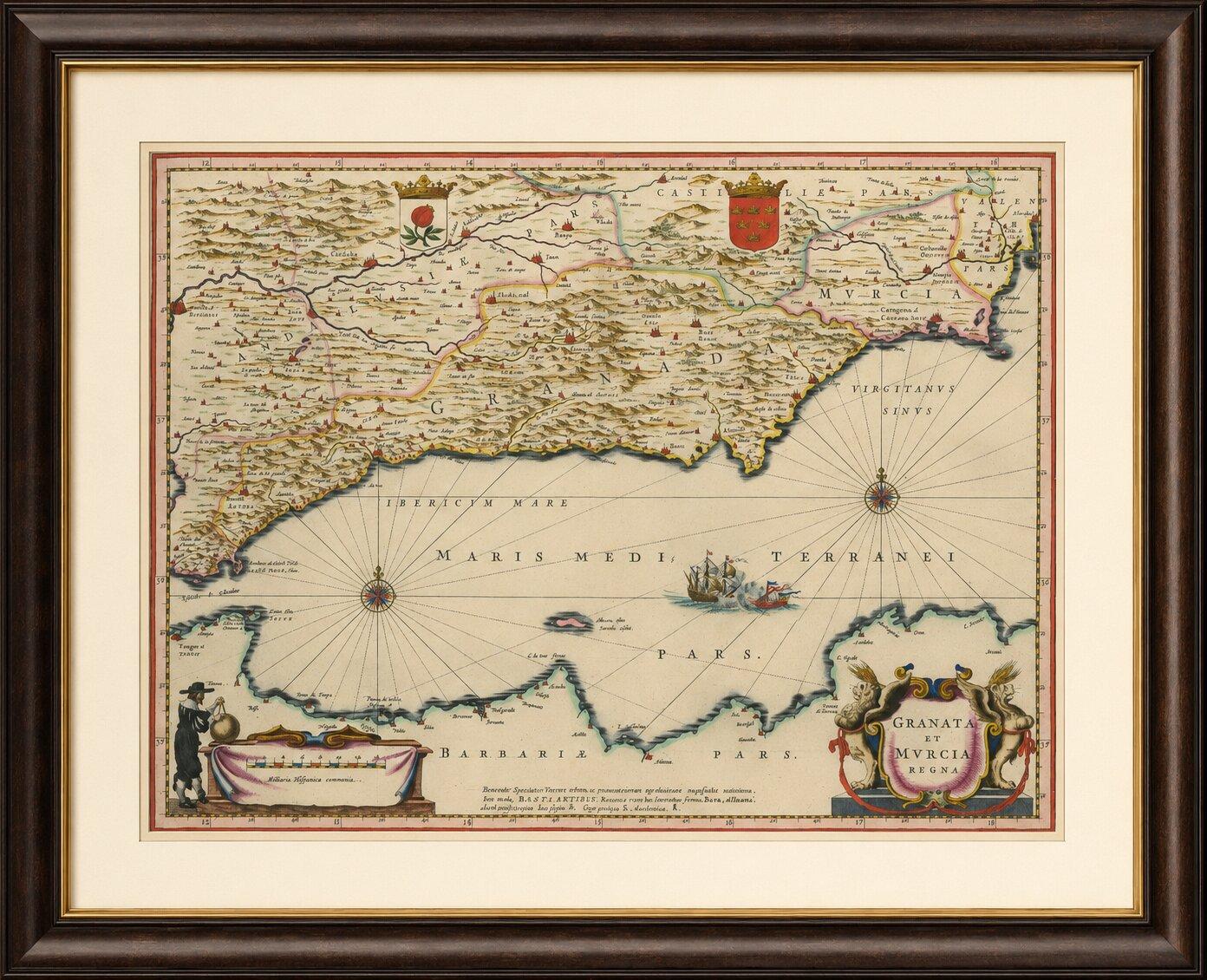 Blaeu Map of Granada & Murcia Spain, Andalusia Mediterranean Coast, 1642