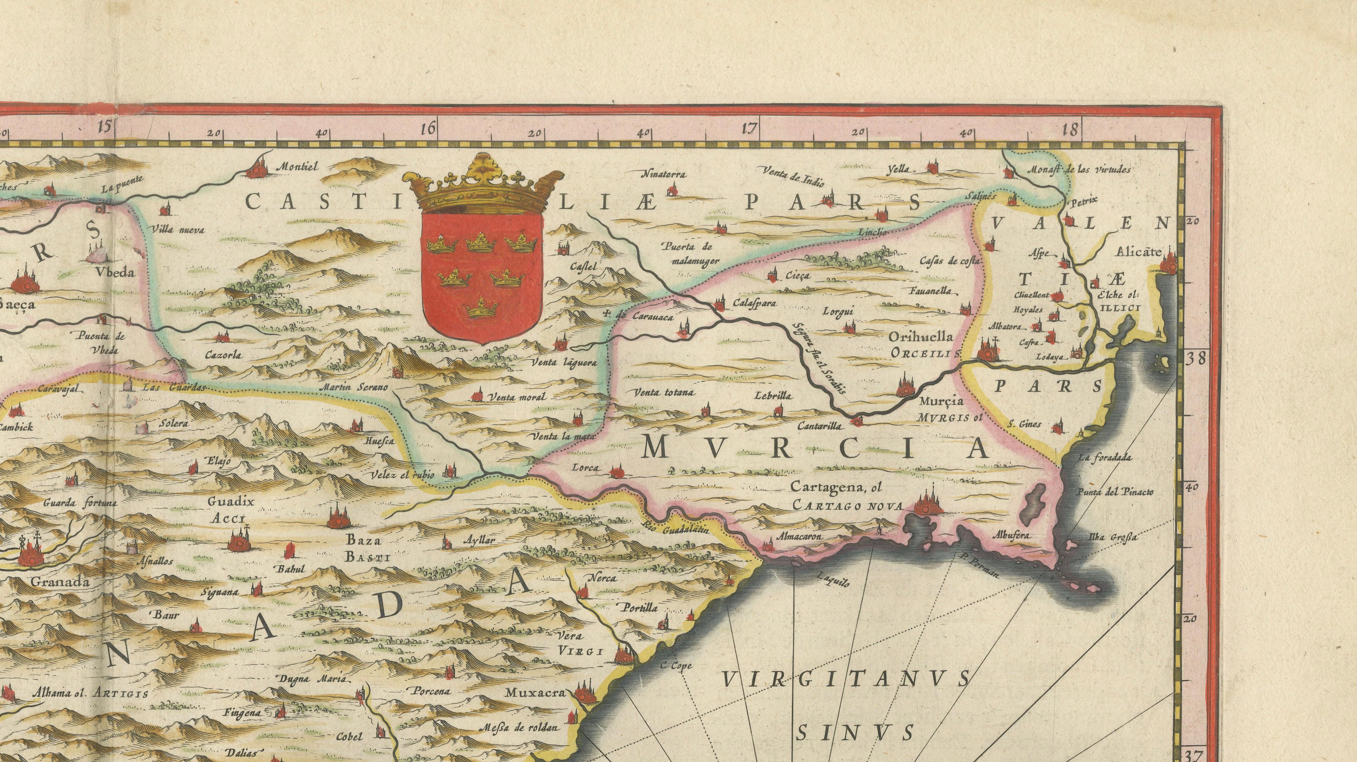Blaeu Map of Granada & Murcia Spain, Andalusia Mediterranean Coast, 1642