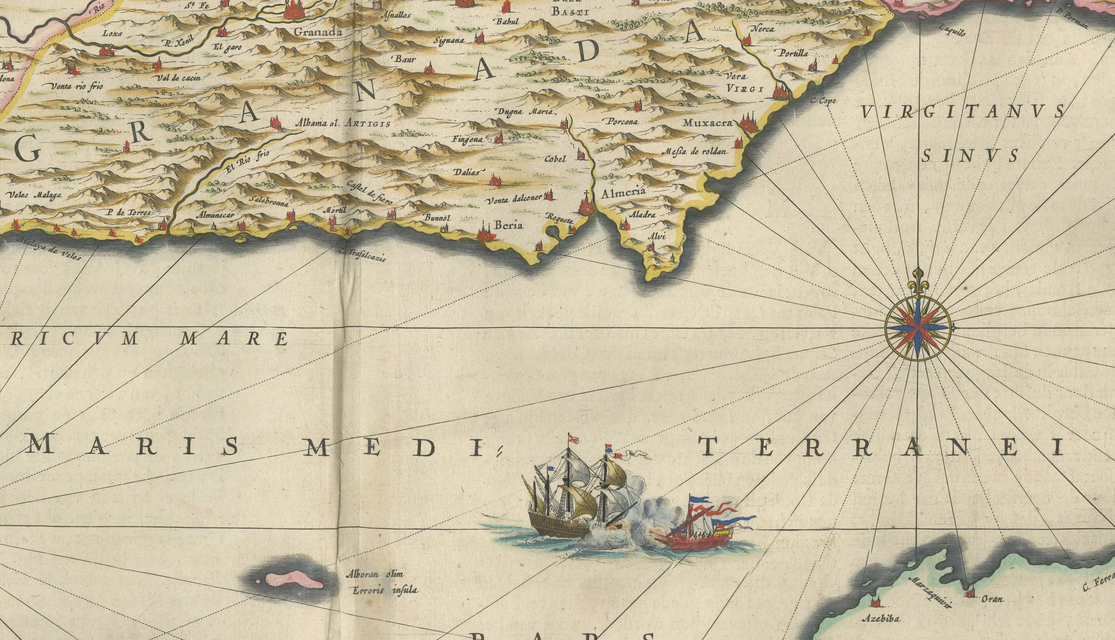 Blaeu Map of Granada & Murcia Spain, Andalusia Mediterranean Coast, 1642
