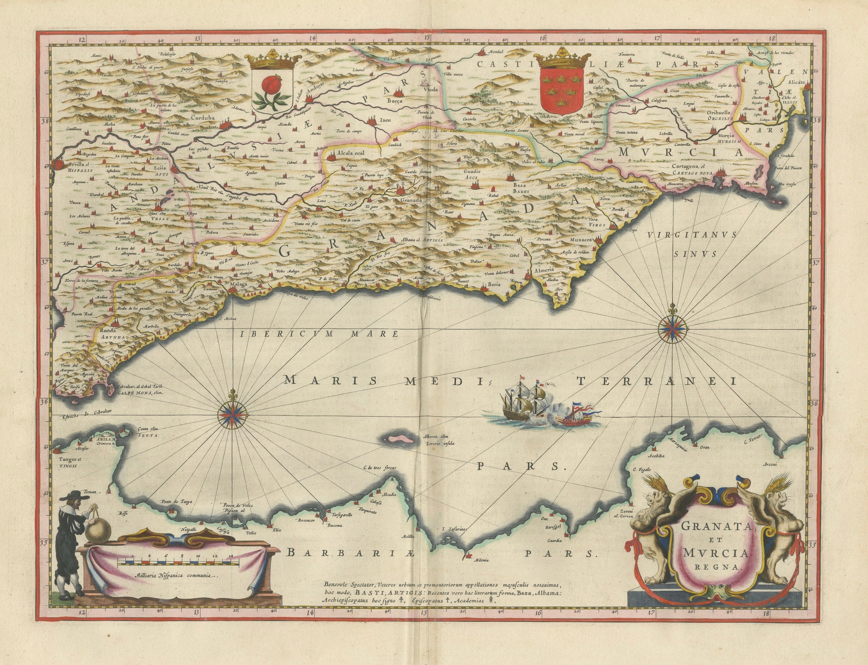 Blaeu Map of Granada & Murcia Spain, Andalusia Mediterranean Coast, 1642