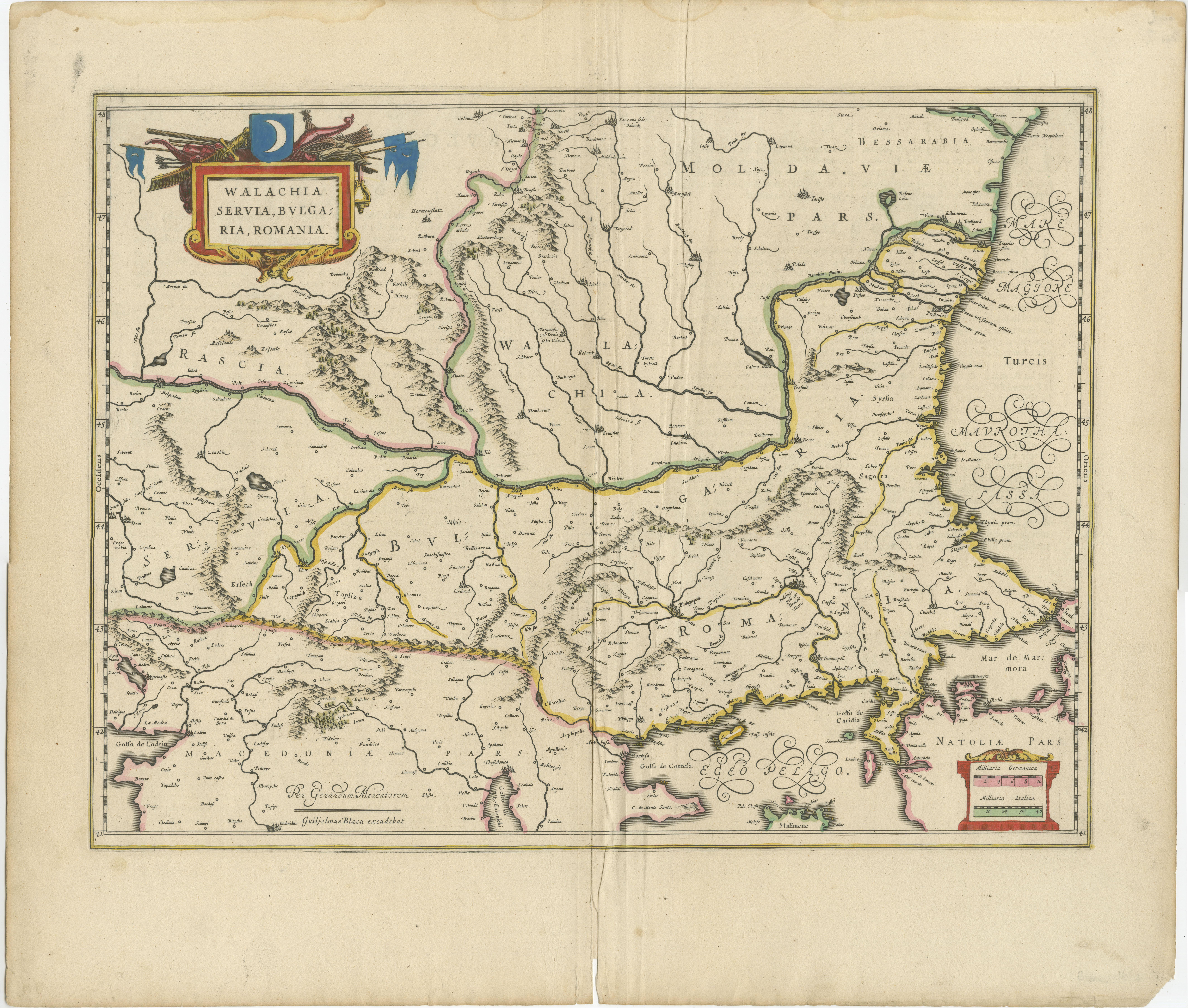 Blaeu Map of Ottoman Balkans – Walachia Bulgaria Romania, circa 1665

This is an original hand-coloured antique map titled “Walachia, Servia, Bulgaria, Romania,” published by Joan Blaeu in Amsterdam circa 1665. It appeared in Blaeu’s monumental