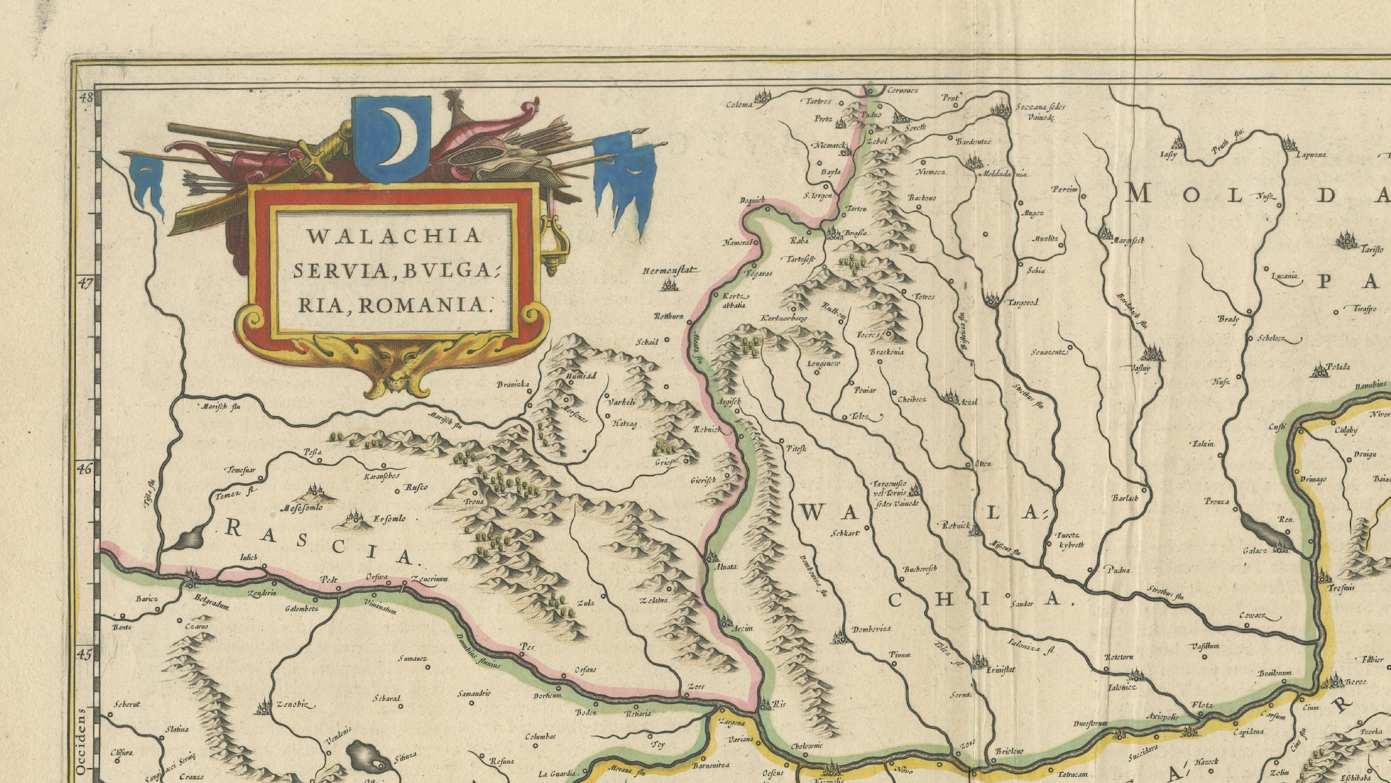 Dutch Blaeu Map of Ottoman Balkans – Walachia Bulgaria Romania, circa 1665 For Sale
