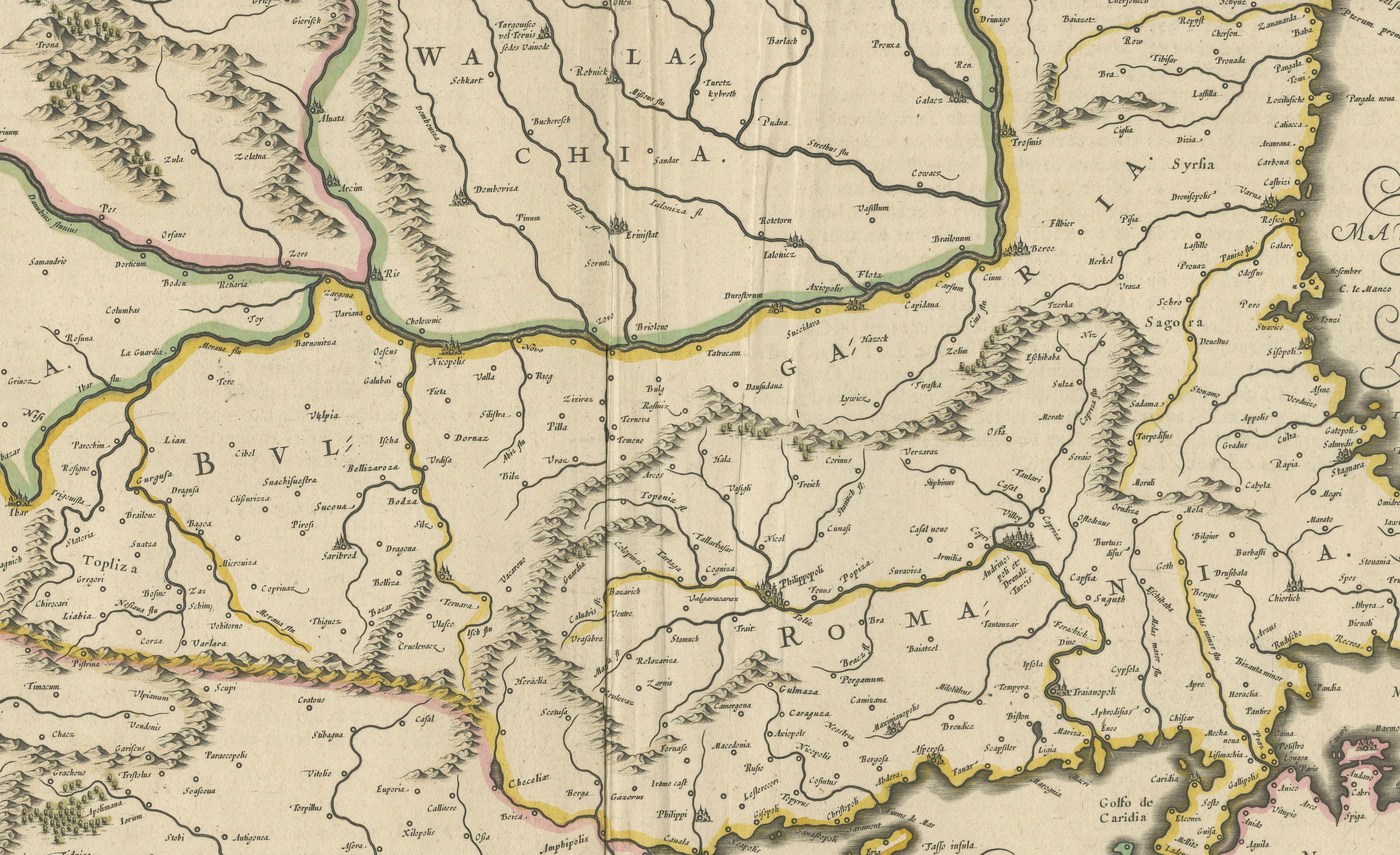 Paper Blaeu Map of Ottoman Balkans – Walachia Bulgaria Romania, circa 1665 For Sale