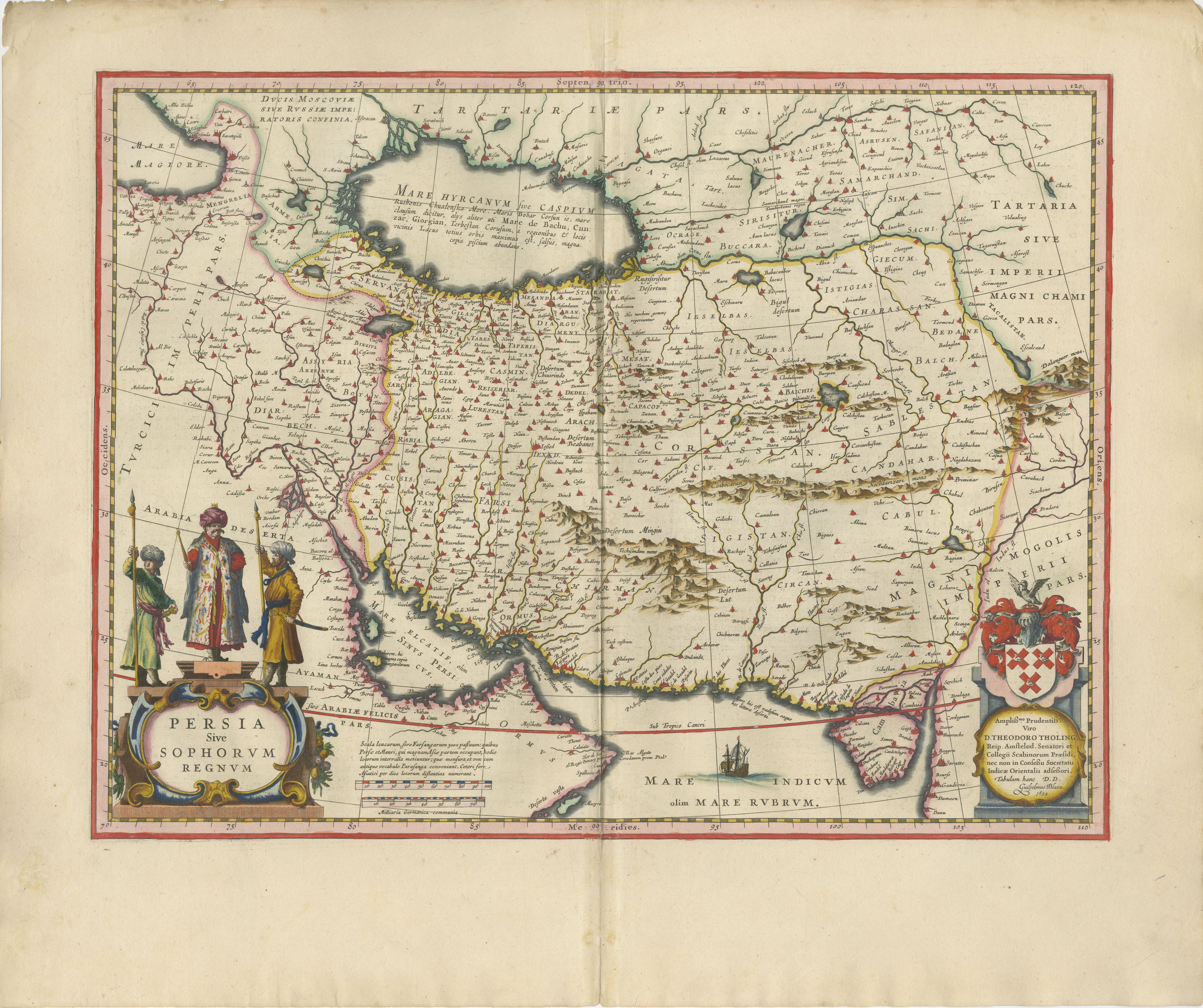 Blaeu Map of Persia, Caspian Sea & Arabia, Hand Colored, c.1642