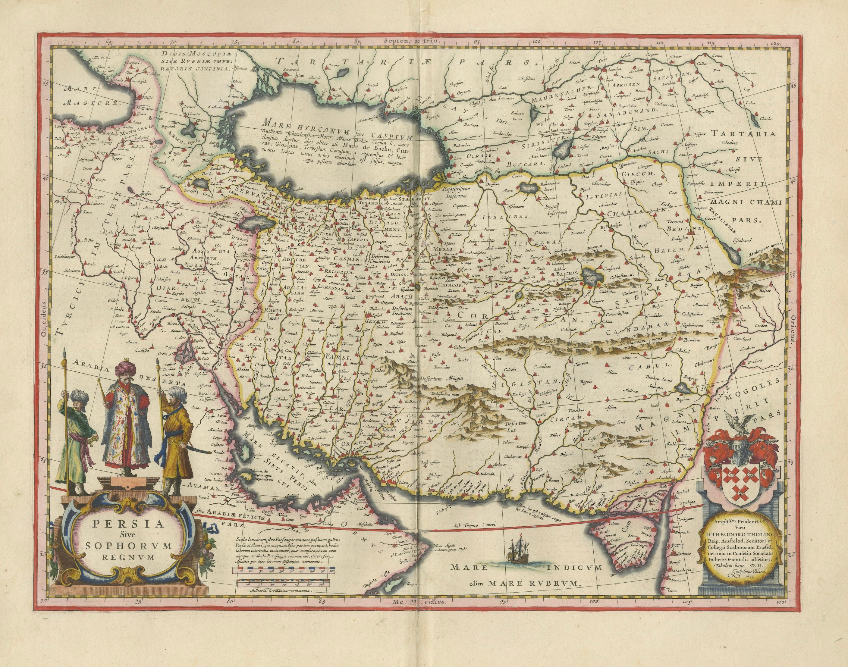 Blaeu Map of Persia, Caspian Sea & Arabia, Hand Colored, c.1642