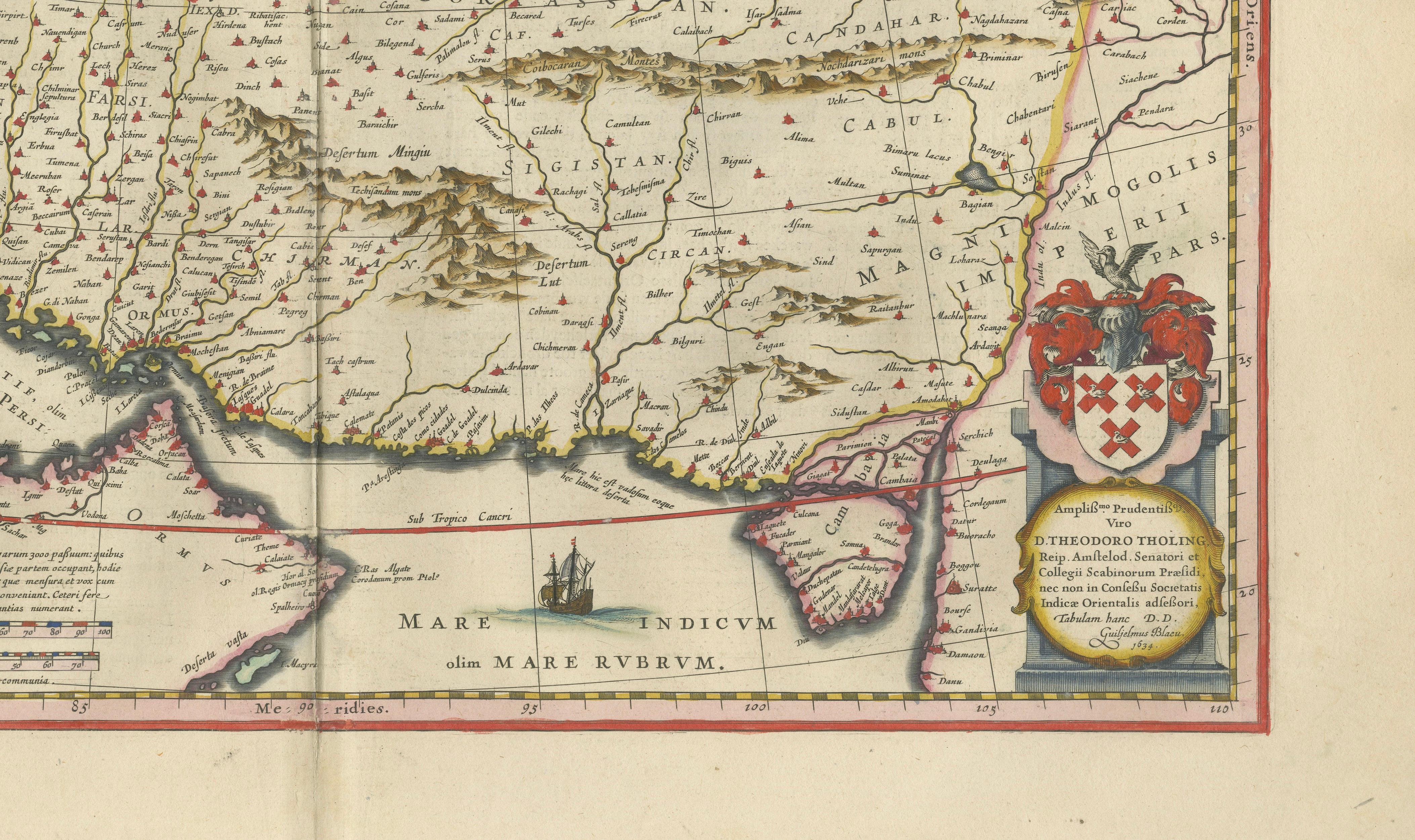 Blaeu Map of Persia, Caspian Sea & Arabia, Hand Colored, c.1642