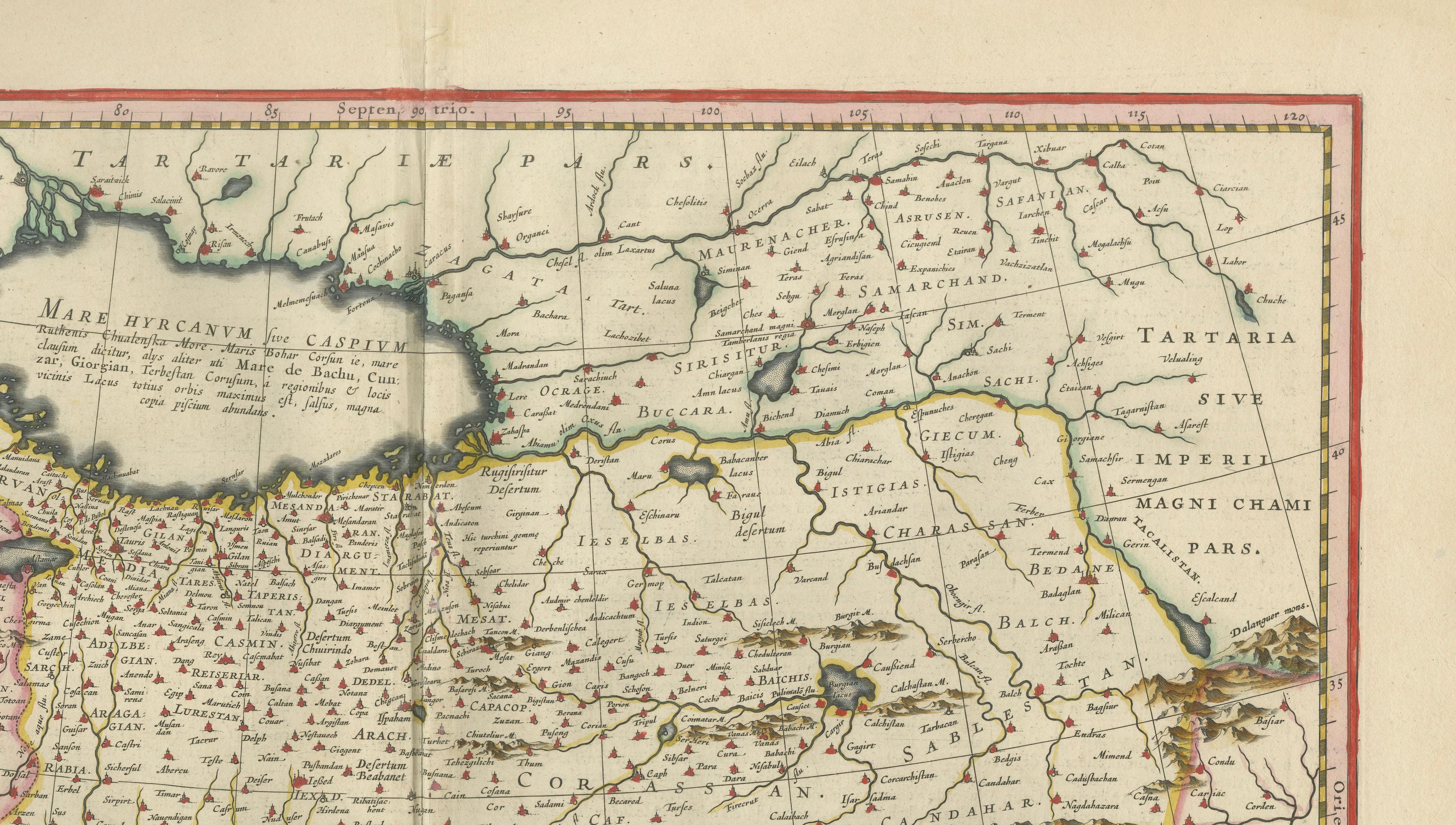 Blaeu Map of Persia, Caspian Sea & Arabia, Hand Colored, c.1642