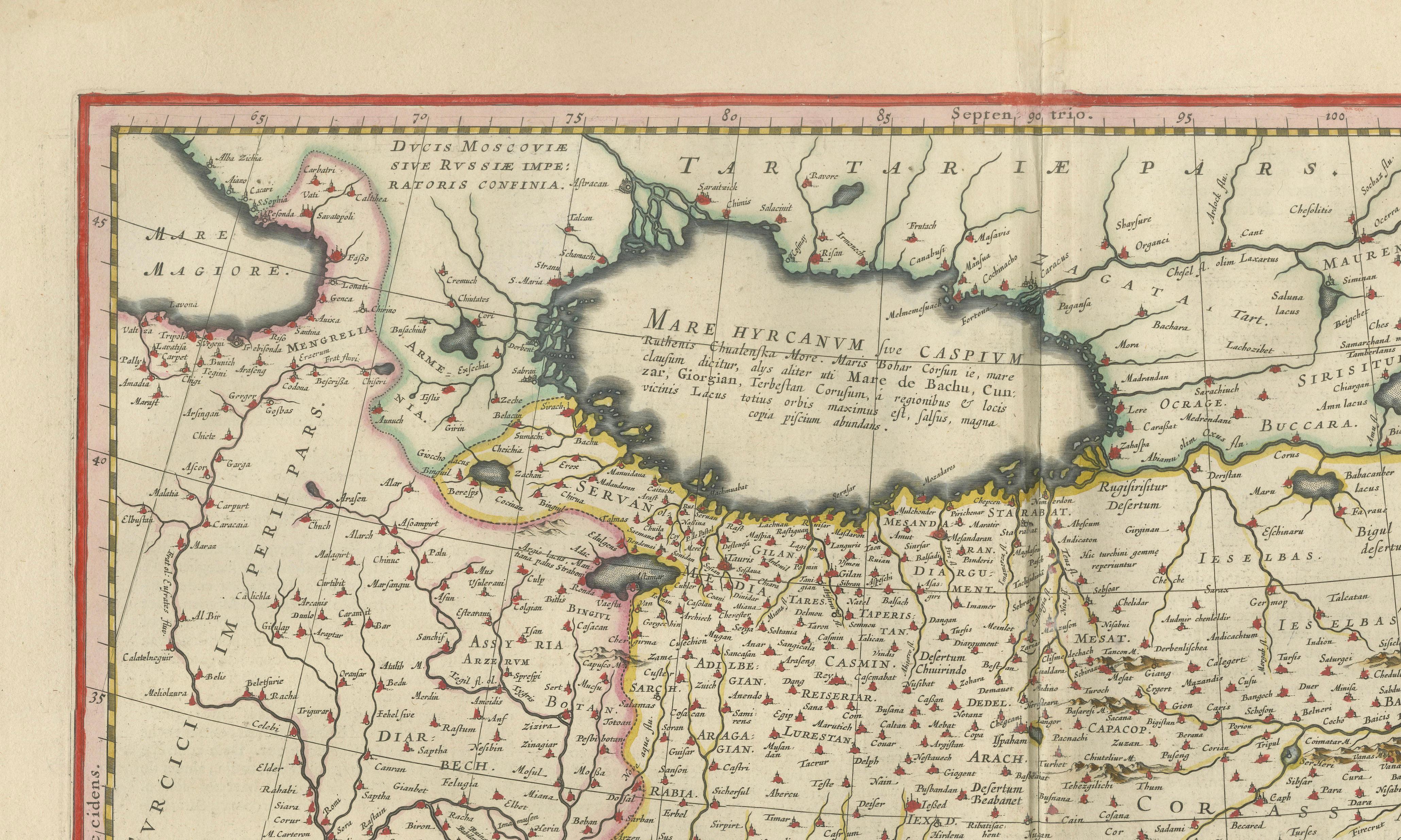 Blaeu Map of Persia, Caspian Sea & Arabia, Hand Colored, c.1642
