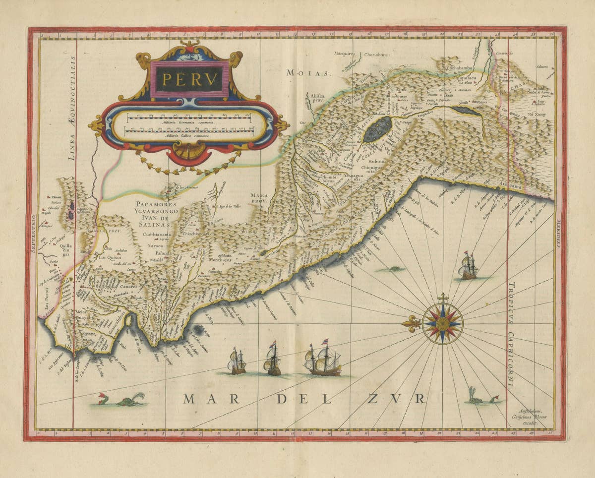 Blaeu Map of Peru, Antique Hand-Colored Engraving, South America 1642