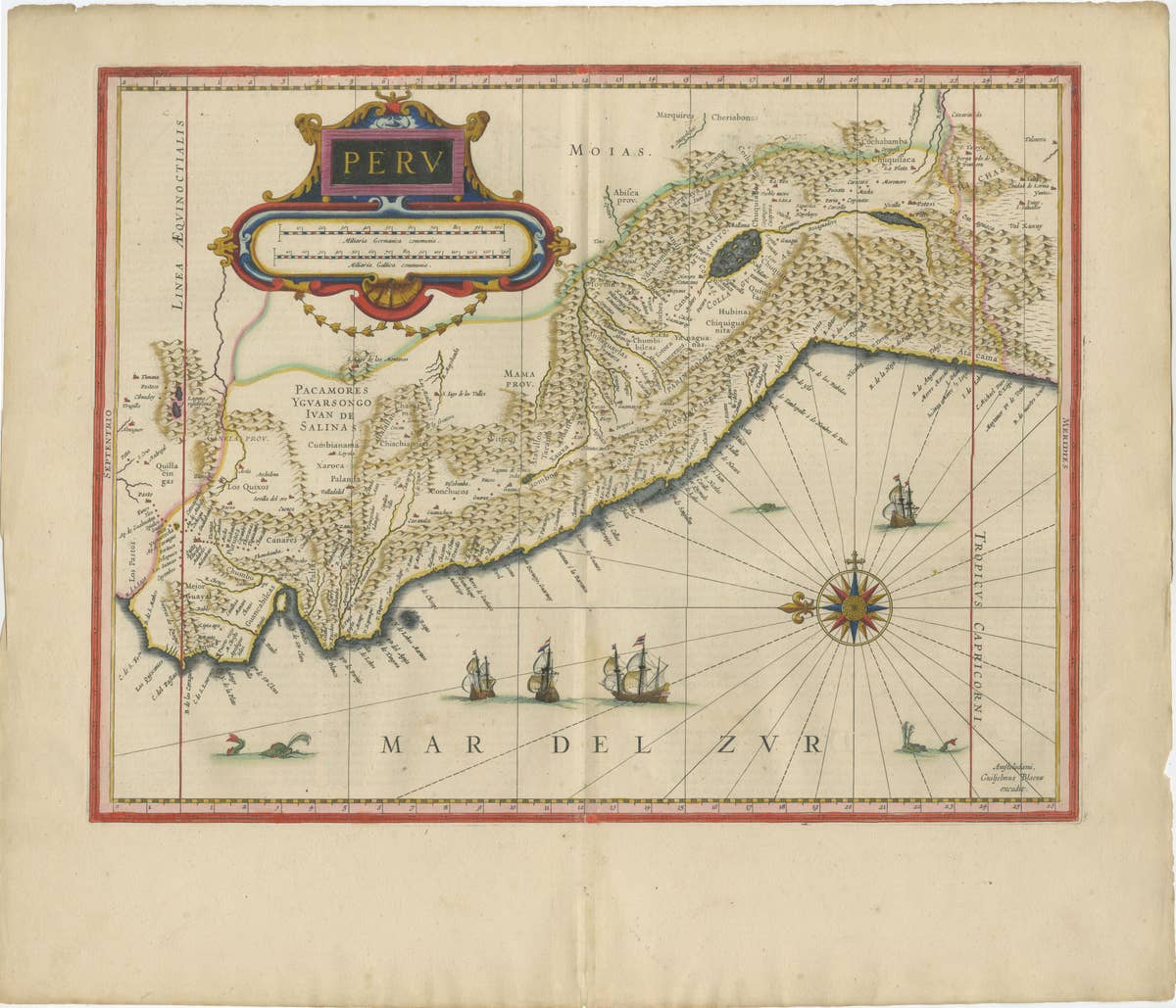 Blaeu Map of Peru, Antique Hand-Colored Engraving, South America 1642