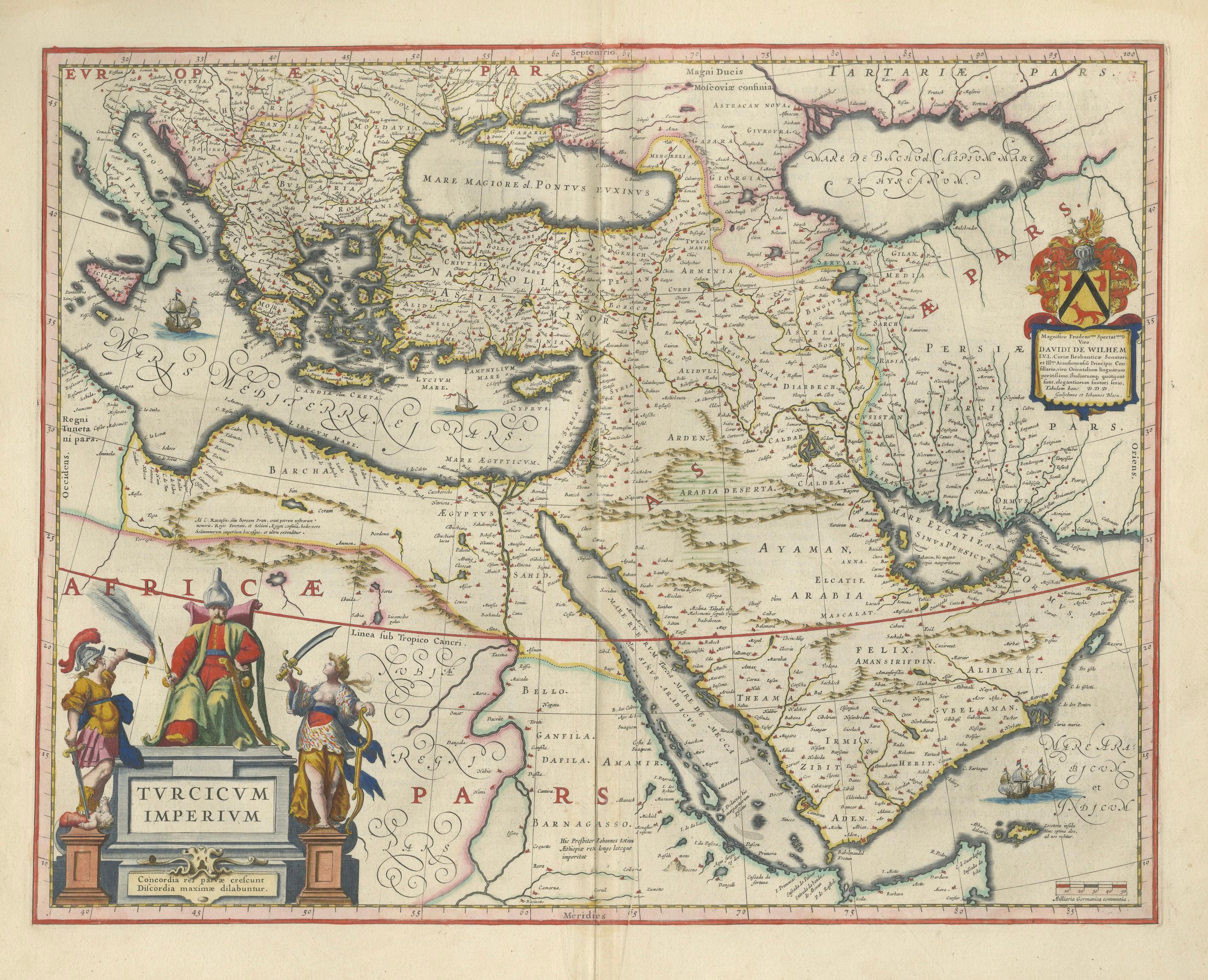 Blaeu Ottoman Empire Map, Turcicum Imperium, Figural Cartouche, 1642