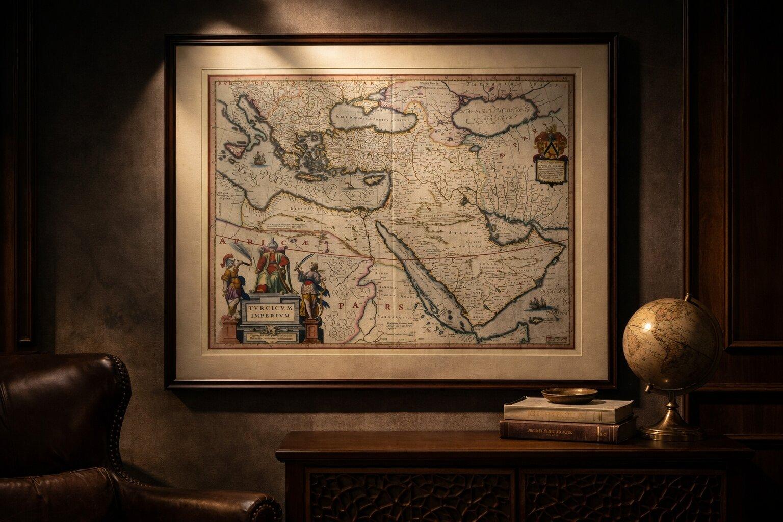 Blaeu Ottoman Empire Map, Turcicum Imperium, Figural Cartouche, 1642