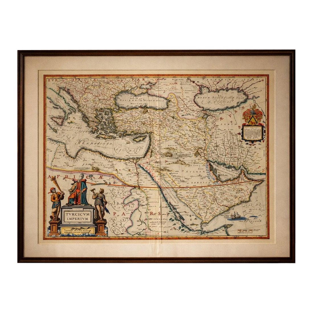 Mappa dell'Impero Ottomano Blaeu, Turcicum Imperium, cartiglio figurato, 1642 in vendita