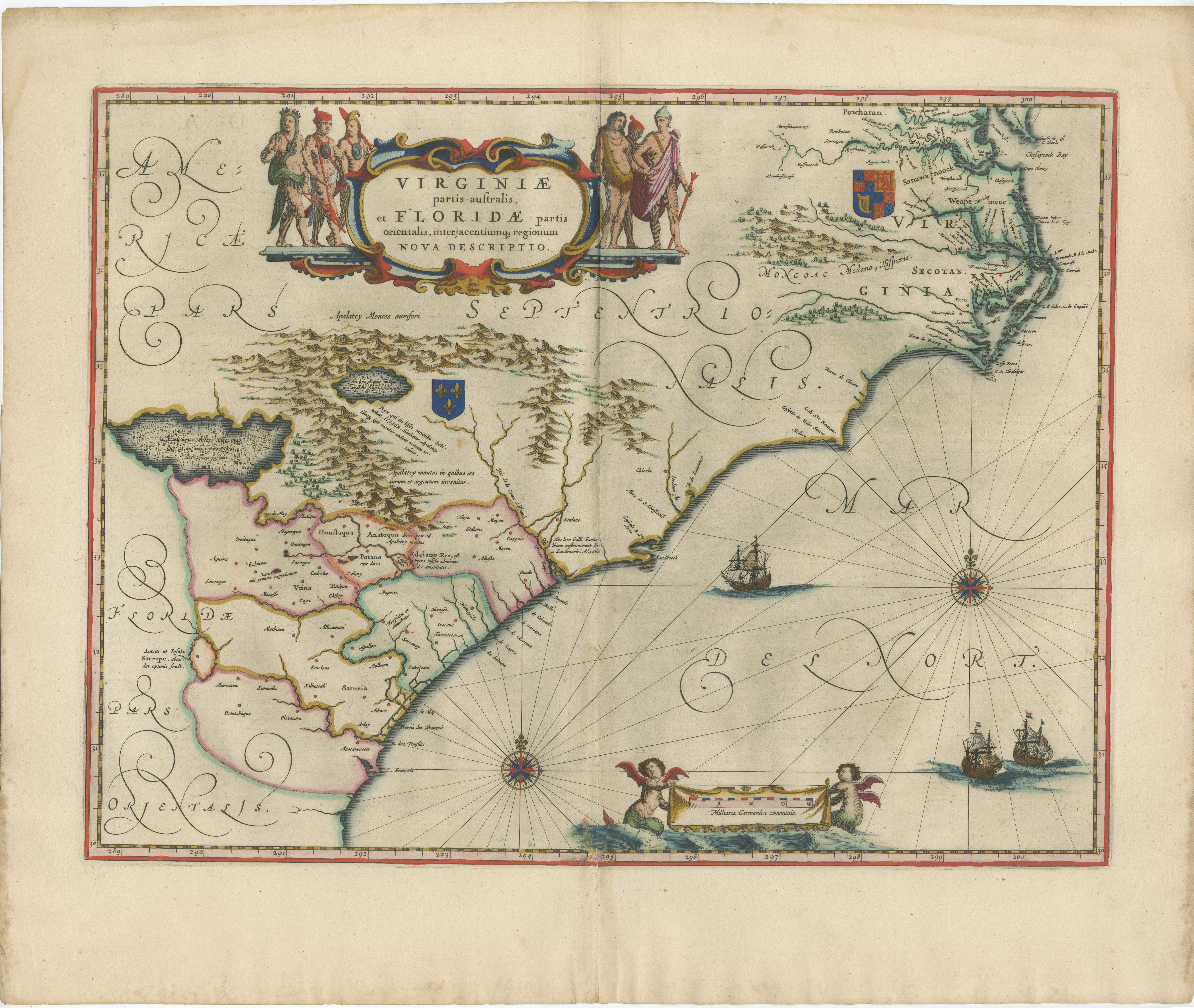 Blaeu Virginia and Florida Map – Decorative Early America Chart, 1642 For Sale