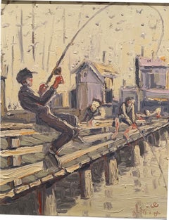 "Pescadores en el muelle" Óleo sobre lienzo por Blago