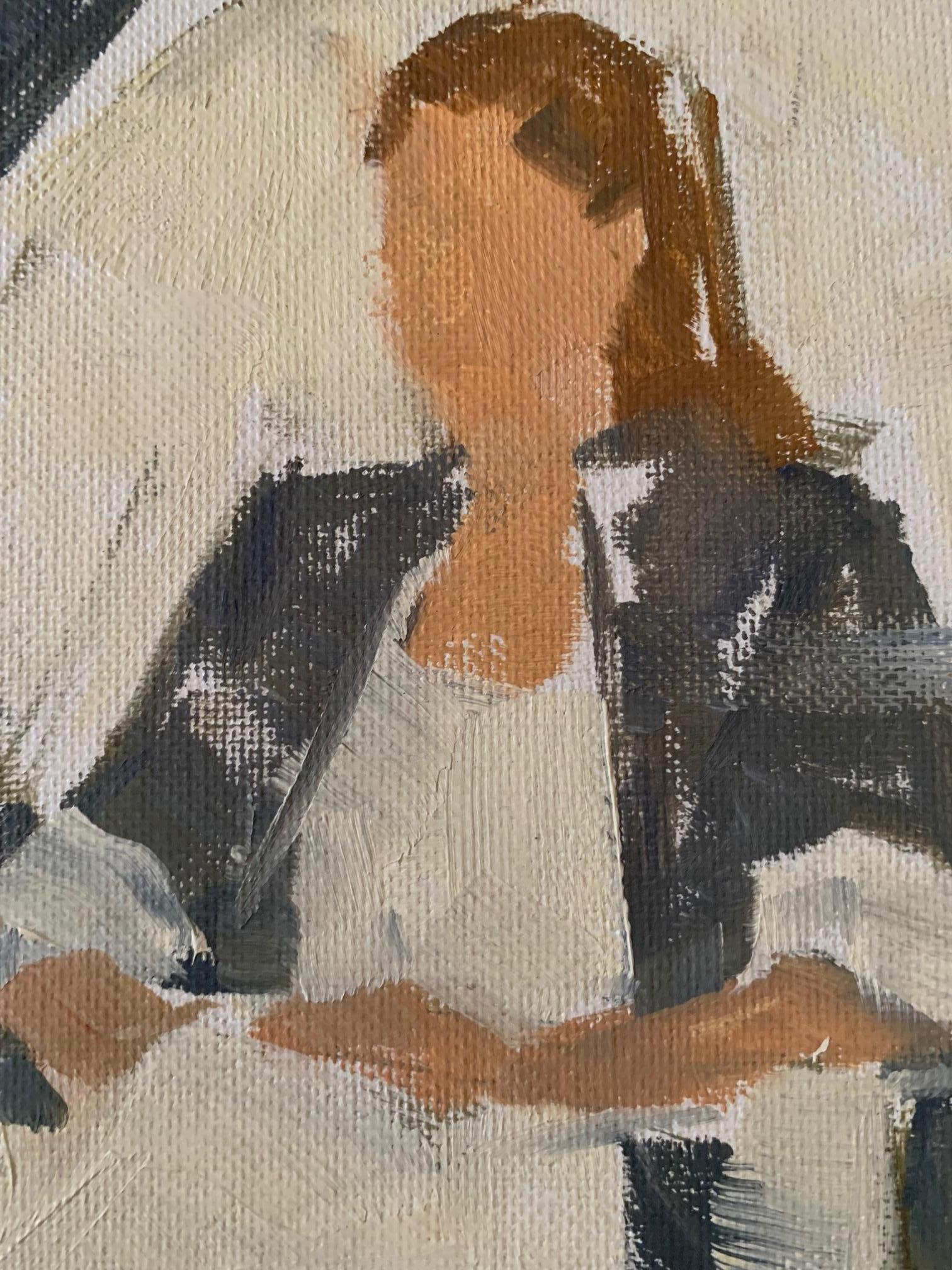 « Femme assise avec une robe blanche » contemporaine  Peinture  Par Blago en vente 1