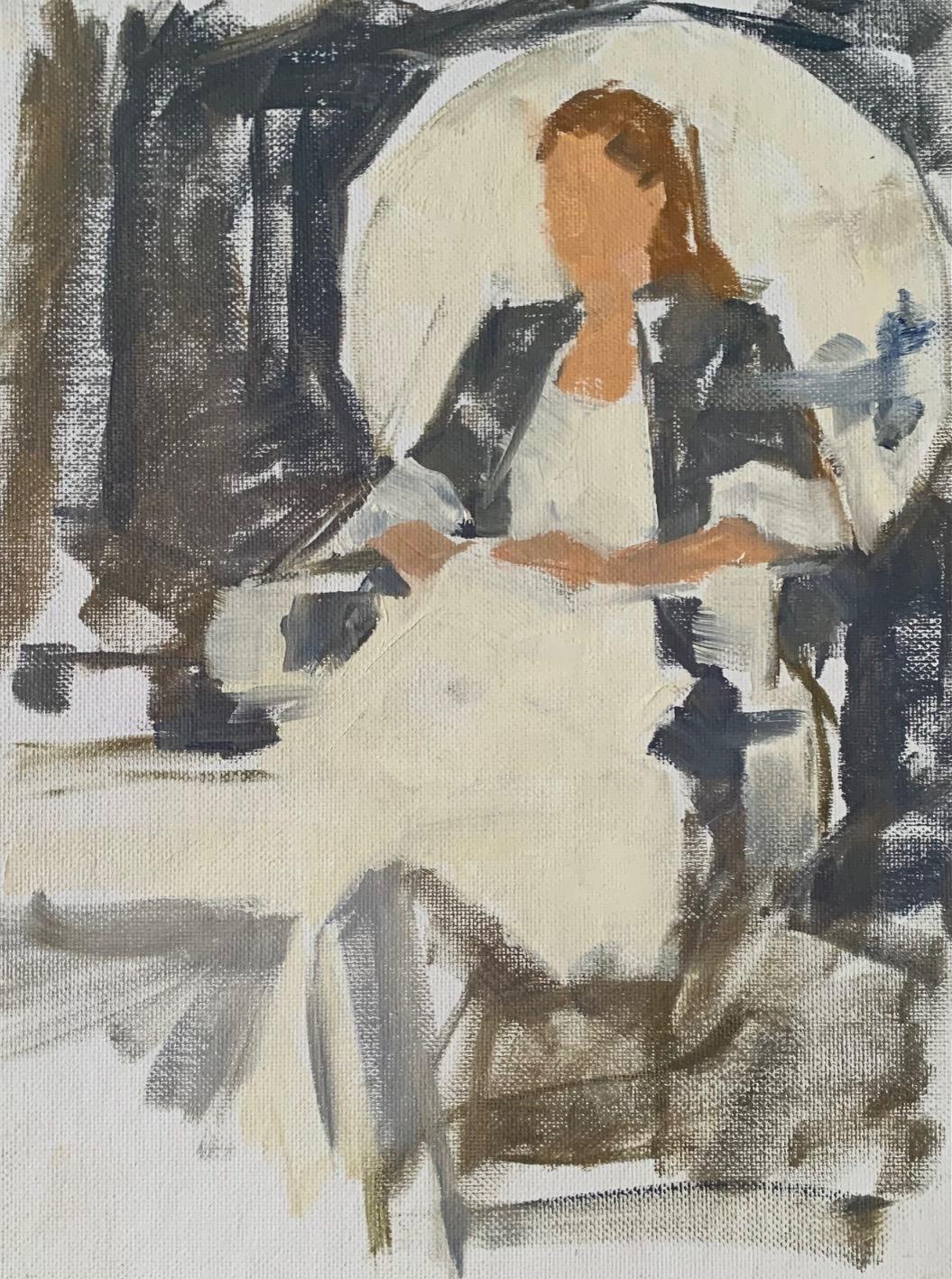 « Femme assise avec une robe blanche » contemporaine  Peinture  Par Blago