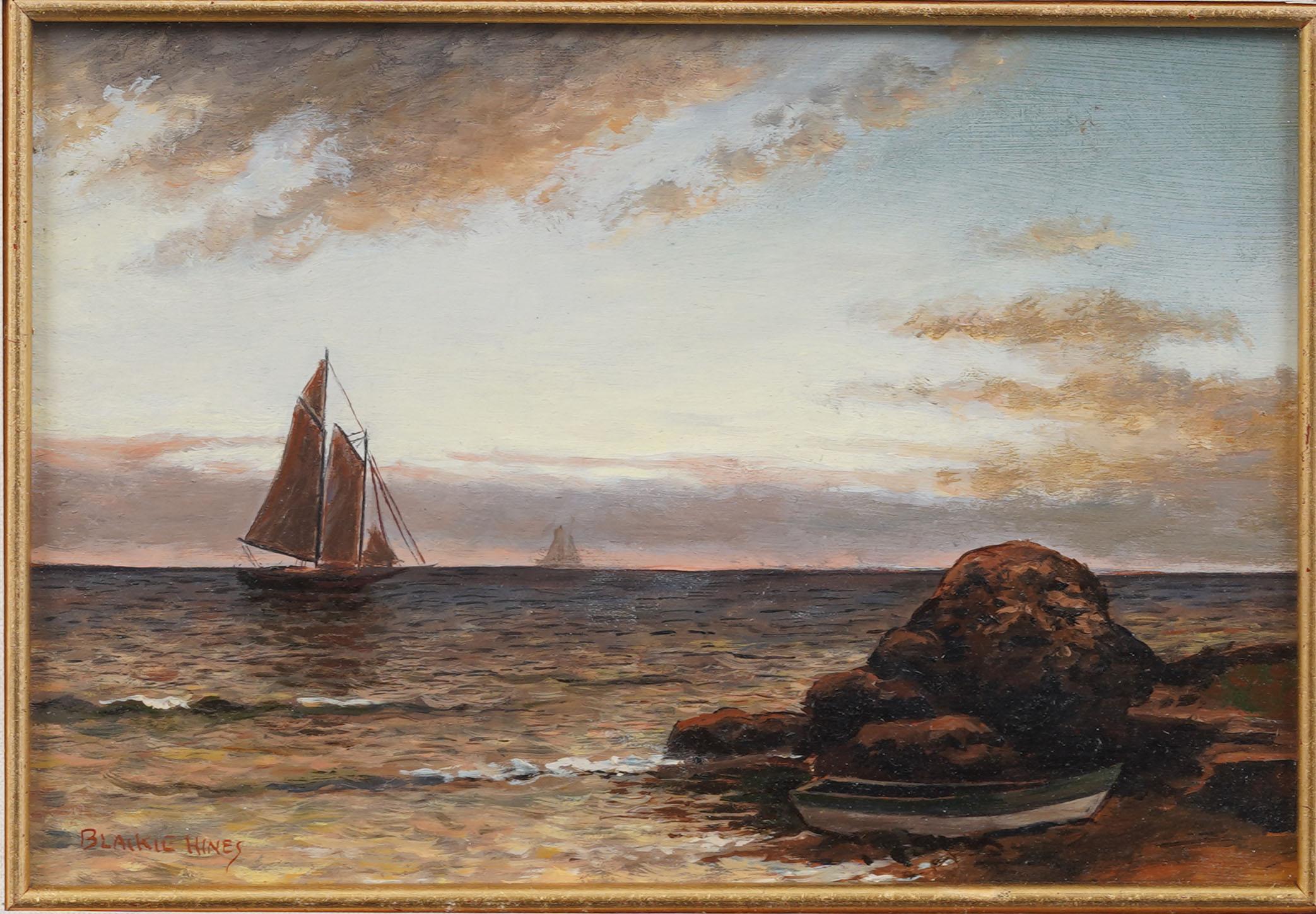 Vintage American Hudson River School Coastal Sunset gerahmt signiert Ölgemälde (Abstrakter Expressionismus), Painting, von Blaikie Hines 