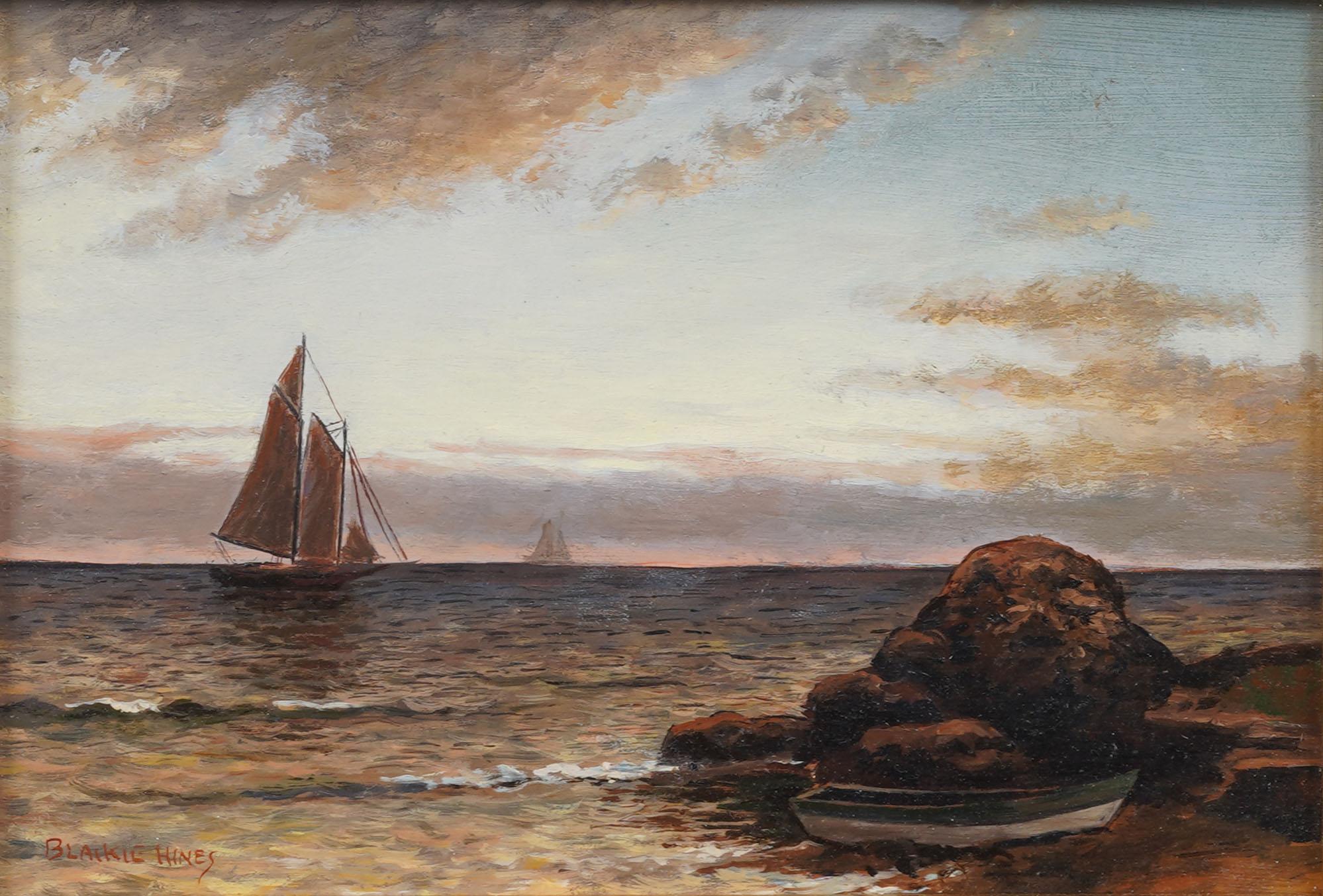 Vintage American Hudson River School Coastal Sunset gerahmt signiert Ölgemälde (Beige), Landscape Painting, von Blaikie Hines 