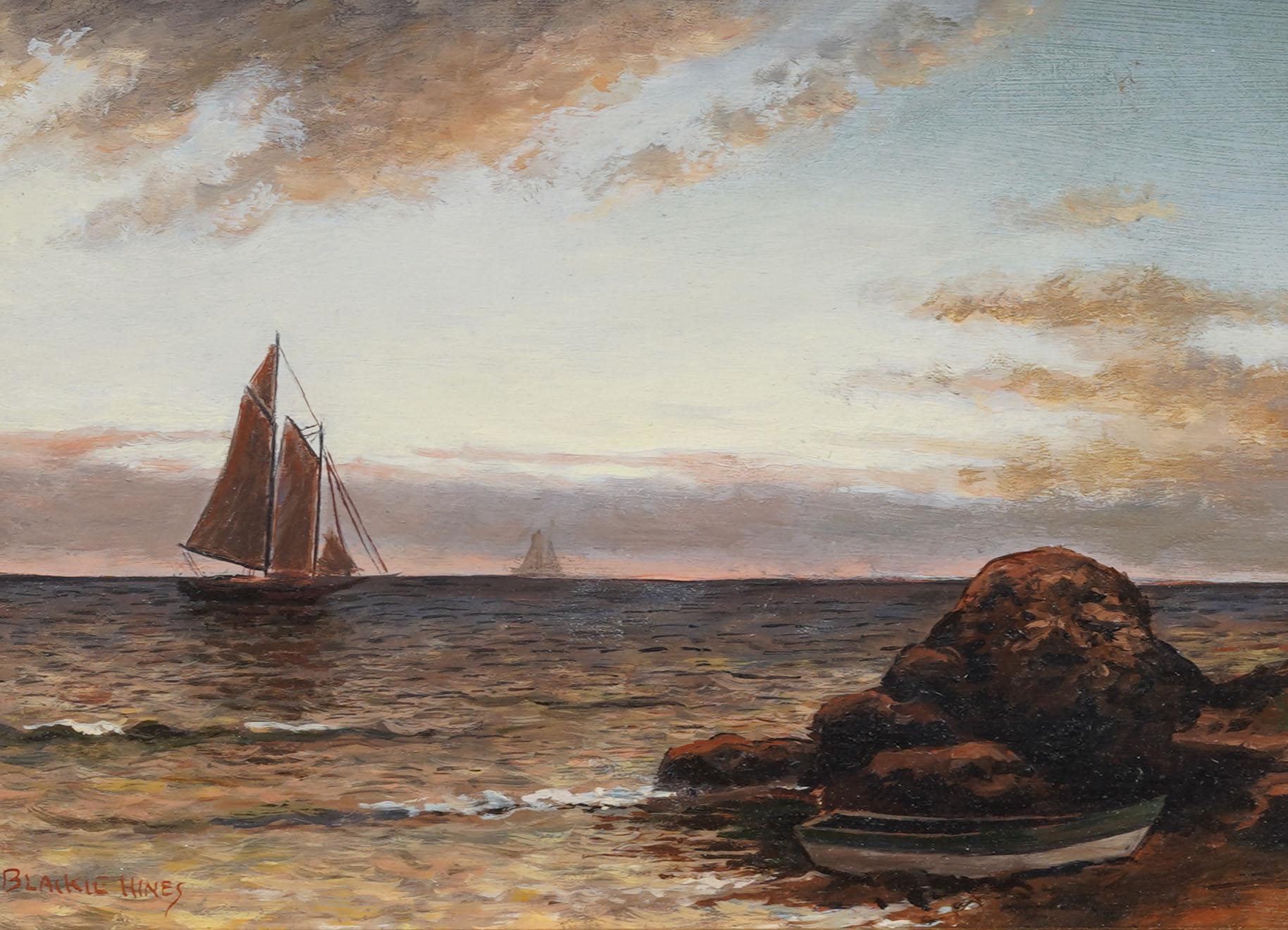 Vintage American Hudson River School Seelandschaft Gemälde. Öl auf Karton. Gerahmt. Unterschrieben.  Messen: 12 von 14 Zoll insgesamt, und 5 von 7 Malerei allein.  In ausgezeichnetem Originalzustand. Hübsch gerahmt in breiten Goldholzleisten. 