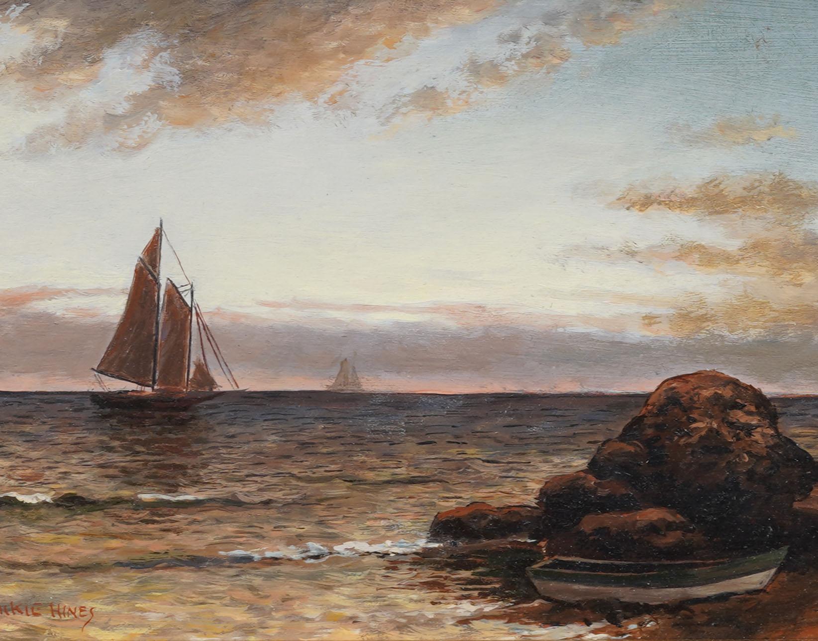 Vintage American Hudson River School Coastal Sunset gerahmt signiert Ölgemälde im Angebot 1