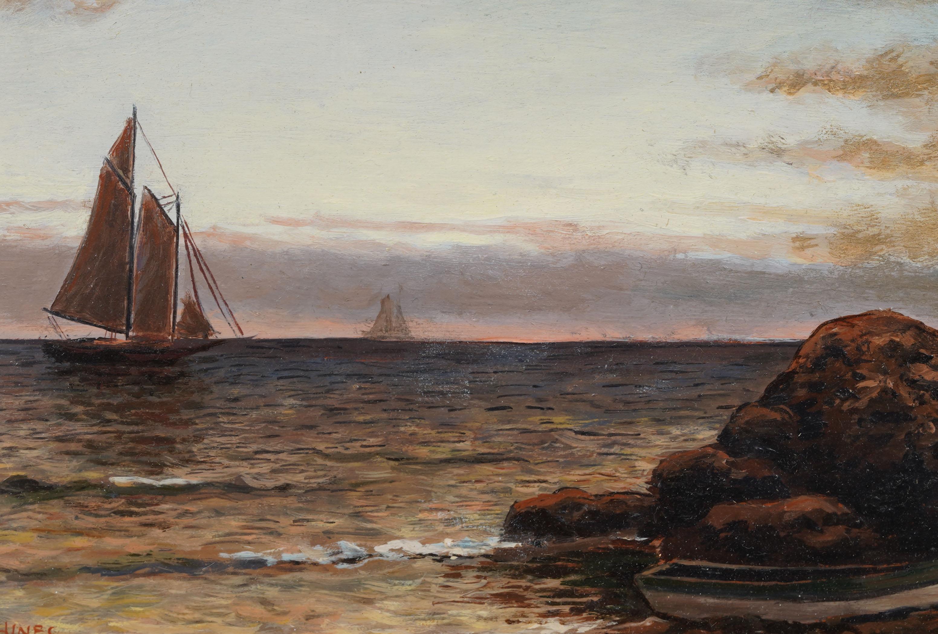 Vintage American Hudson River School Coastal Sunset gerahmt signiert Ölgemälde im Angebot 2