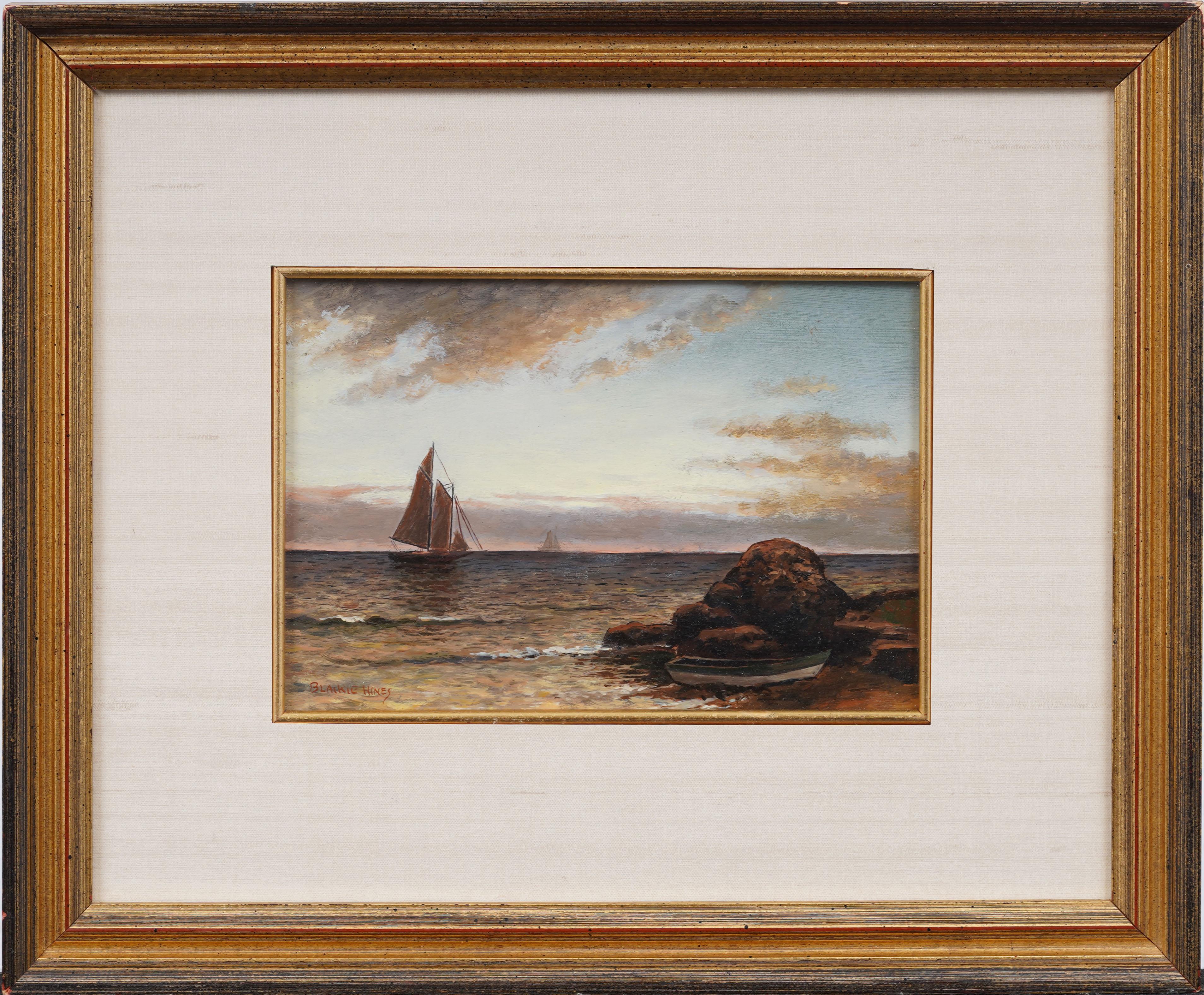 Vintage American Hudson River School Coastal Sunset gerahmt signiert Ölgemälde