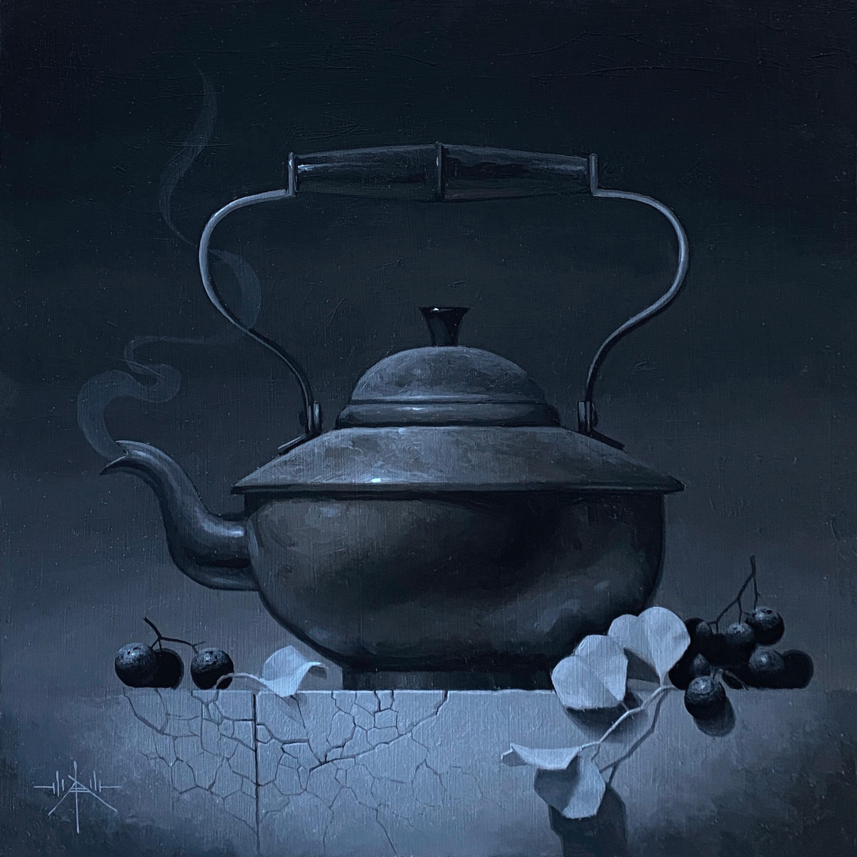 Blair Atherholt Figurative Painting – "Achromatic" Original Öl, Teekanne mit Trauben, Stilleben Gemälde