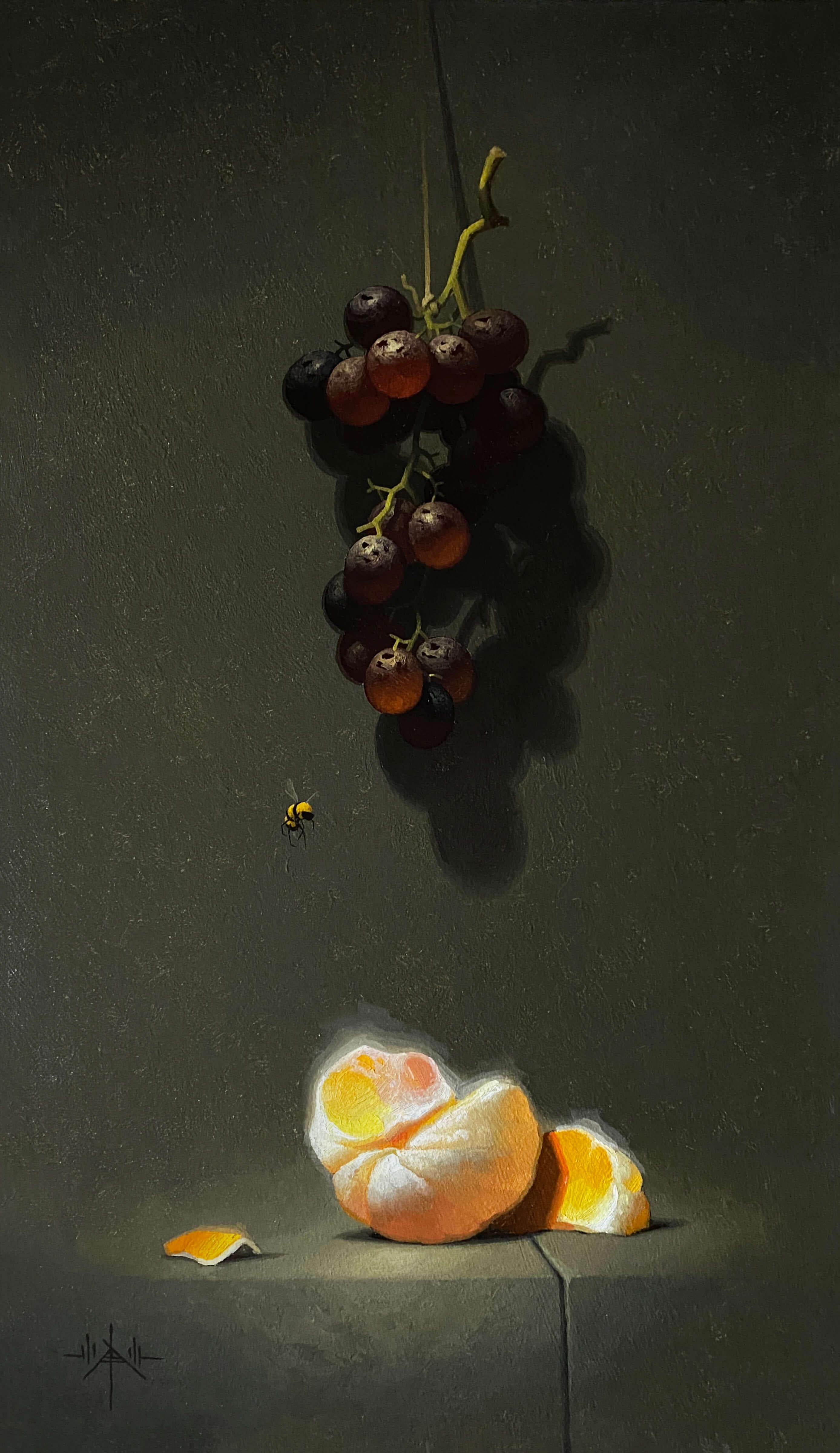 Blair Atherholt Still-Life Painting – "Annäherung" Original Öl, Trauben und Orangensegmente, Stillebengemälde