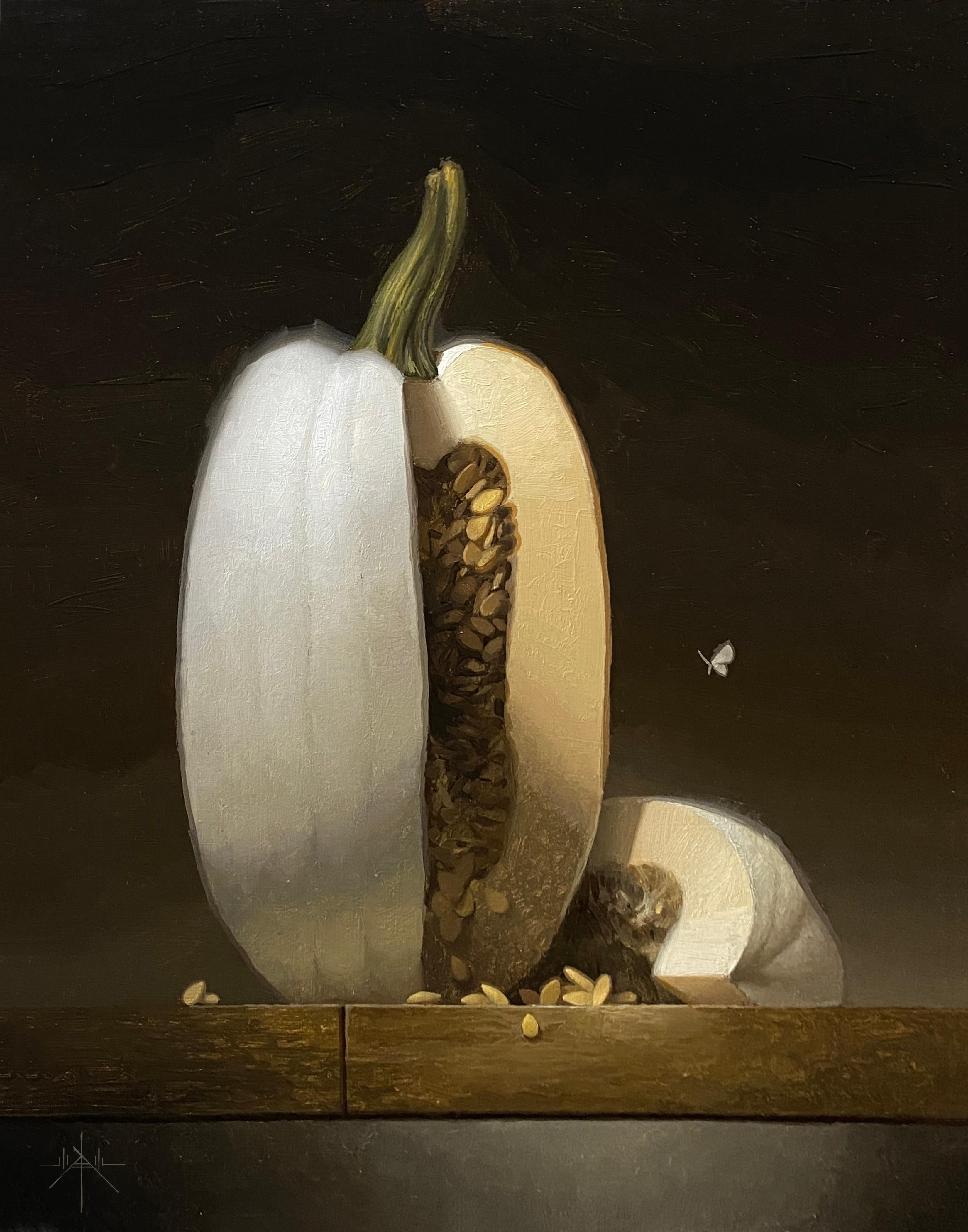 Blair Atherholt Still-Life Painting – "Asunder" Original-Ölgemälde, Winterkürbis, Still-Leben-Gemälde