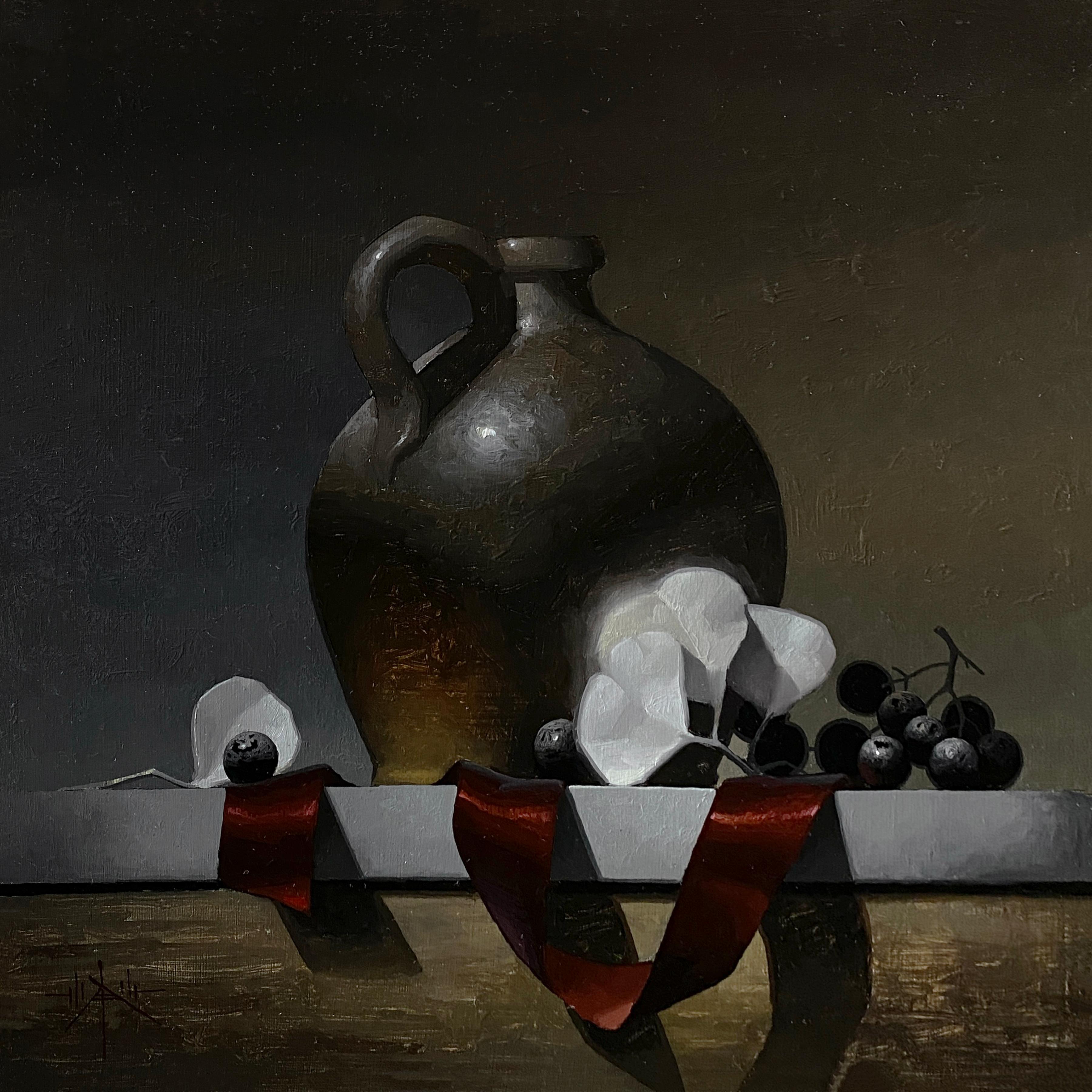 "Polvo y Escarlata" (2024) de Blair Atherholt es un óleo sobre tabla original, hecho a mano, que representa un bodegón con una flor blanca, un lazo rojo y unas uvas alrededor de una jarra de color oscuro.

Blair Atherholt es un galardonado pintor al